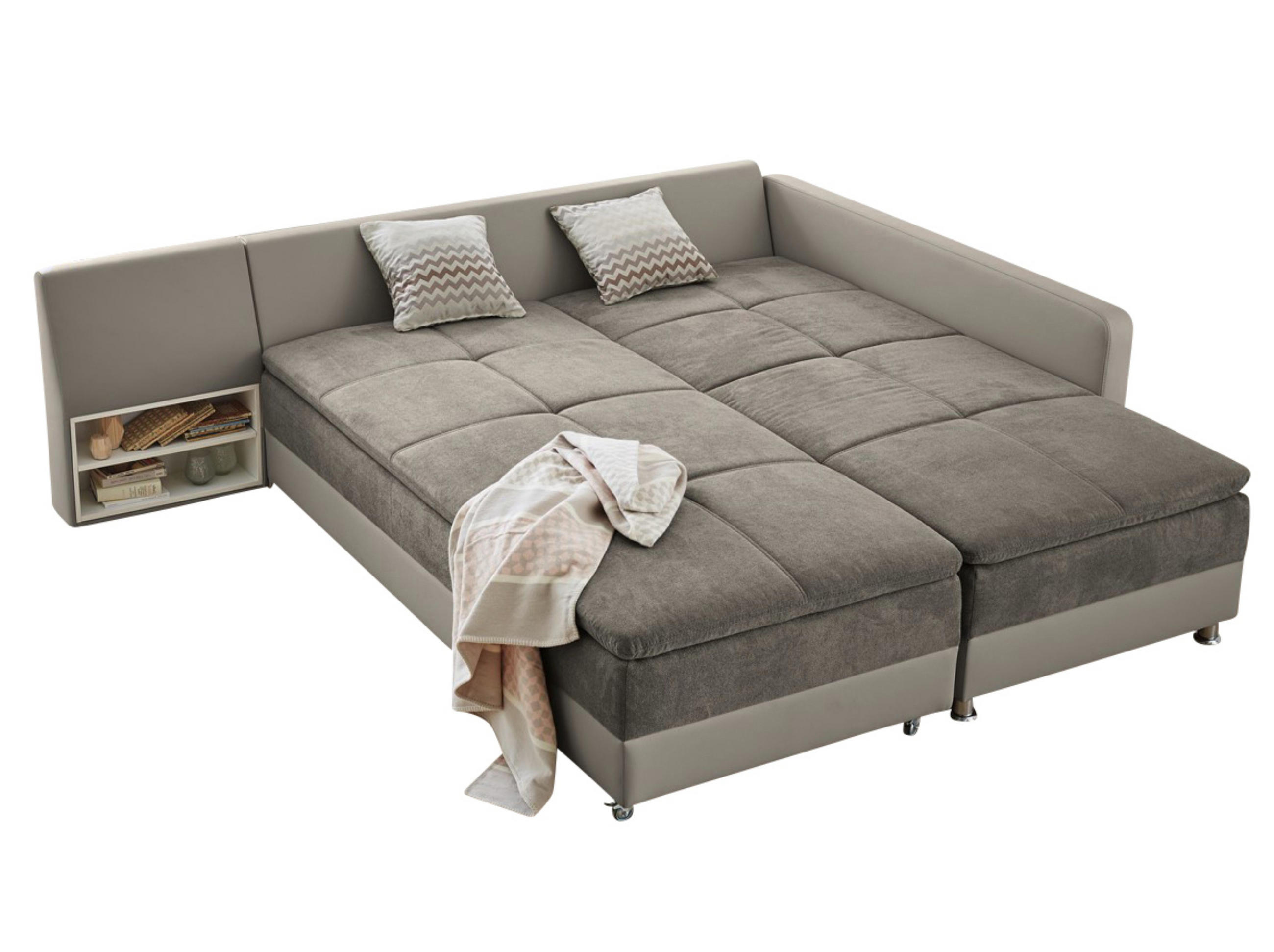 ECKSOFA-DAUERSCHLÄFER Doppelbett Boxspring Federkern Topper, Schwenkteil links B306/T223/H95 cm, Kunstleder Beige+Mikrofaser Grau Braun / 15101 - Chromfarben/Graubraun, Textil/Metall (306/223cm) - luma-home