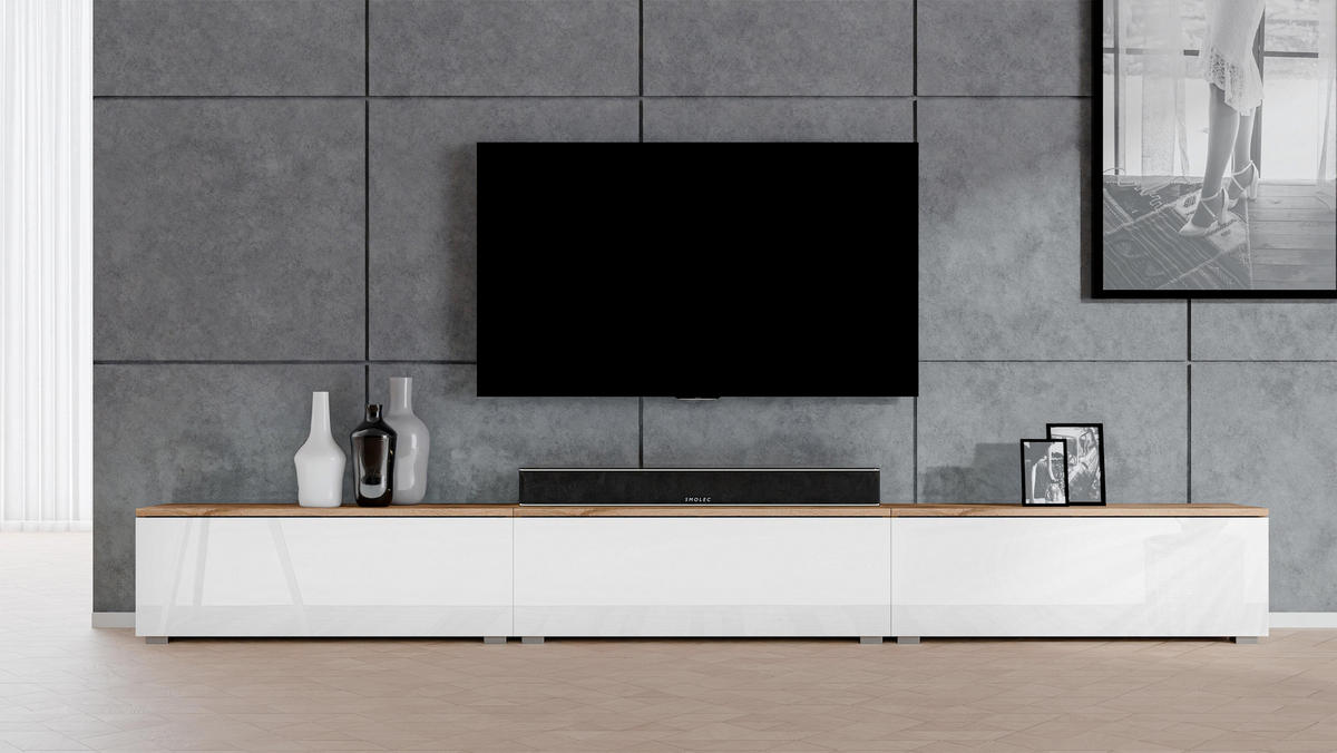 LOWBOARD Loriano 3x100 Wotan, Weiß Hochglanz 300/36,5/32 cm – Hängend und Stehend - Braun/Weiß, Holzwerkstoff/Kunststoff (300/36.5/32cm) - AX Living