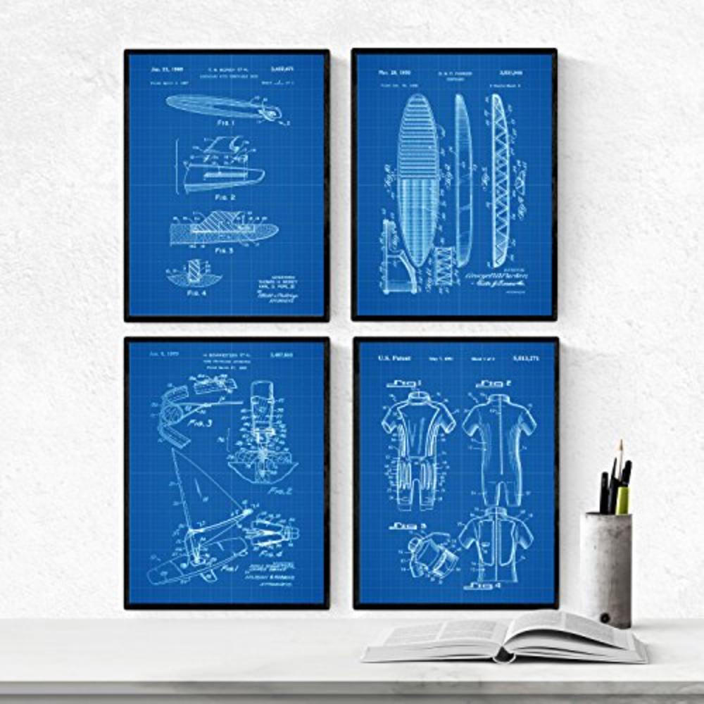 POSTER Set mit 4 BLAU PATENTEN SURF A4 Rahmenlos - Klar, Papier (29.7/3cm) - Nacnic