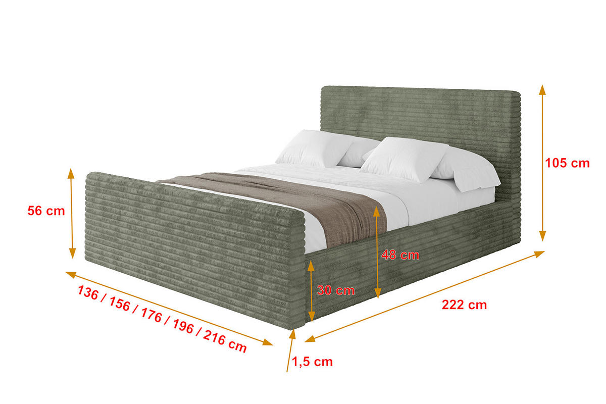 POLSTERBETT mit Bettkasten, Fußteil und Lattenrost, Boxbett ohne Matratze - ALOVA-Z - Olivgrün, Holzwerkstoff/Textil (140/200cm) - ALTDECOR