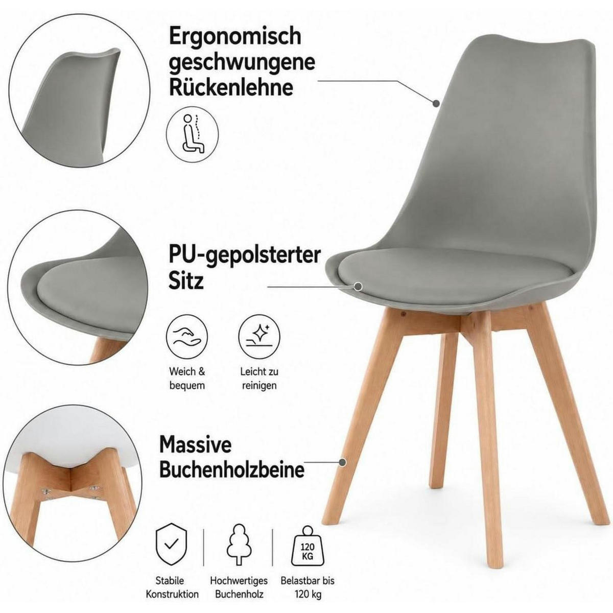 KÜCHENSTÜHLE 4er Set Skandinavisches Design Grau - Grau, Kunststoff (47.5/82/41cm)