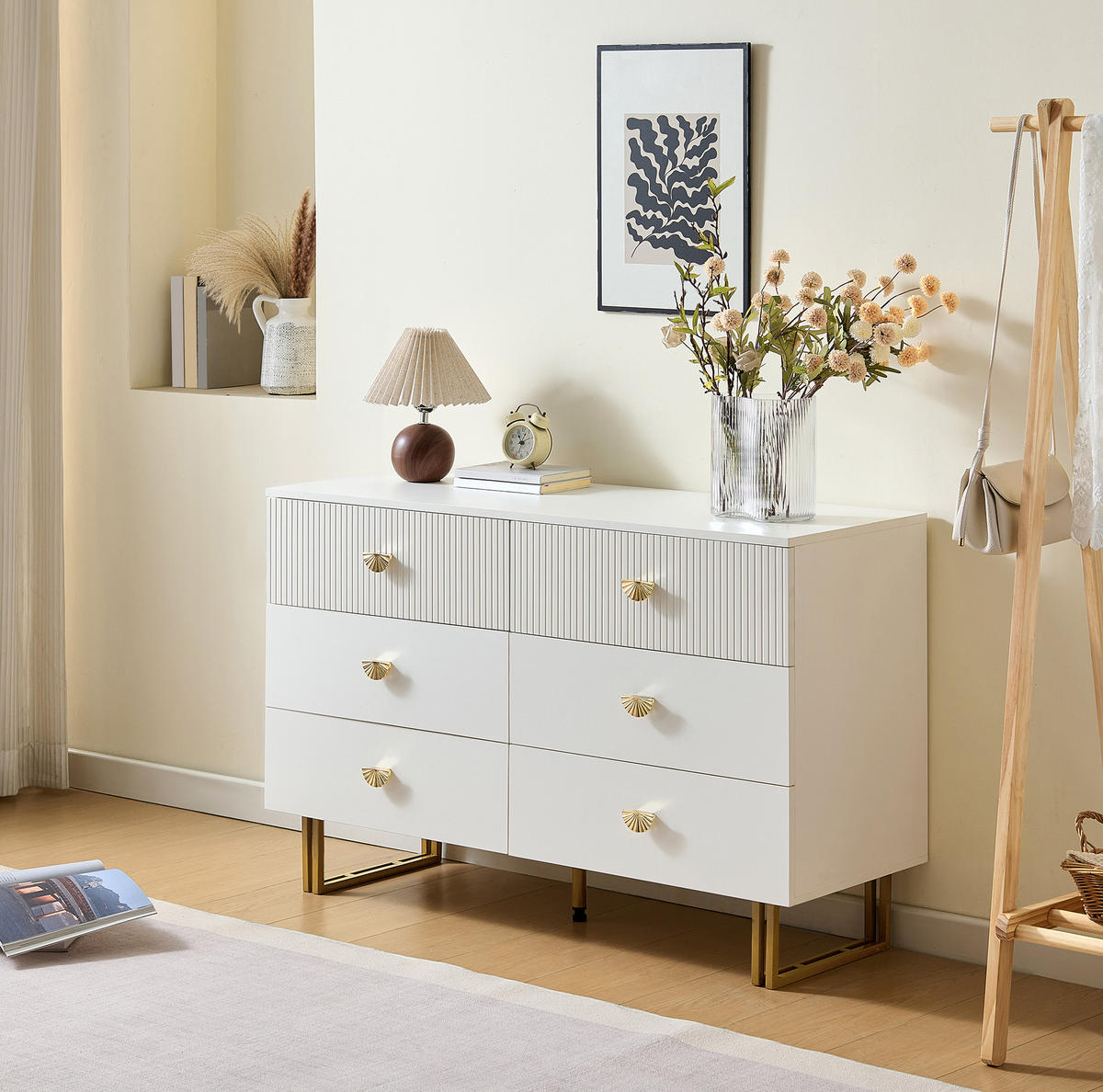 SIDEBOARD mit 6 Schubladen, weißes MDF und goldfarbene Zinkgriffe, 120/40/75 cm,weiß - Weiß, Holzwerkstoff (120/75/40cm) - Redom