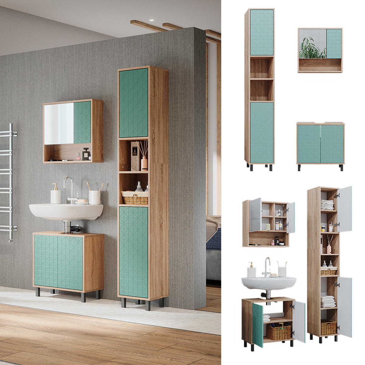 BADMÖBEL-SET Agasta Mintgrün 3 Teile, mit Hochschrank - Mintgrün/Sonoma Eiche, Holzwerkstoff (56/57/28cm) - Vicco
