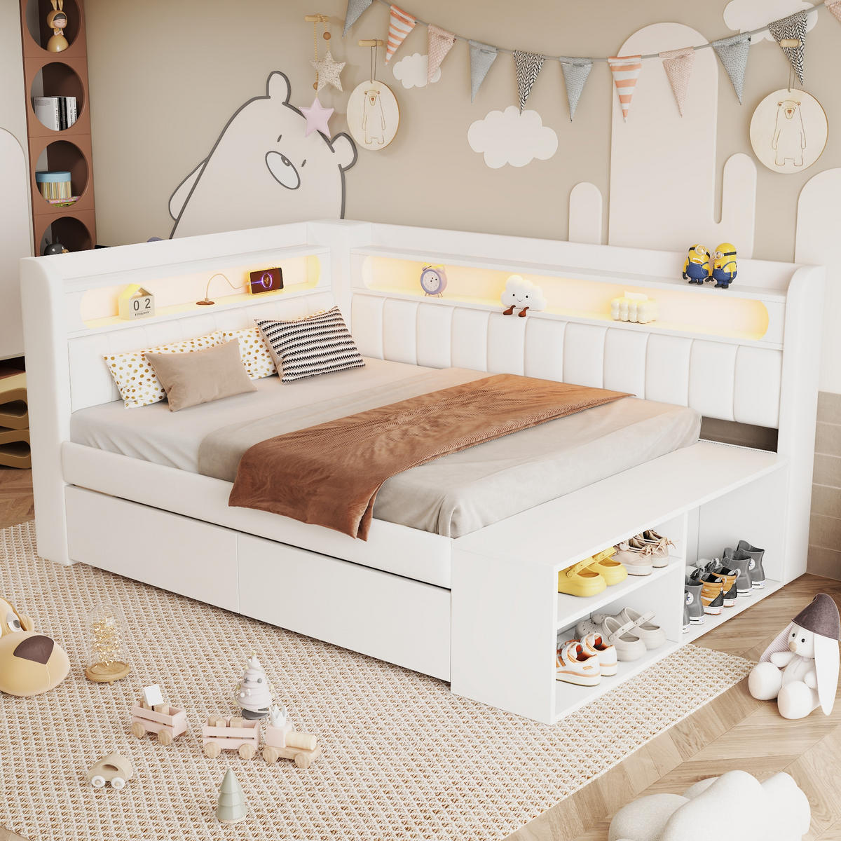 TAGESBETT mit USB und LED 90x200 cm Weiß mit Schuhschrank - Weiß, Holz (90/200cm) - Meubliv