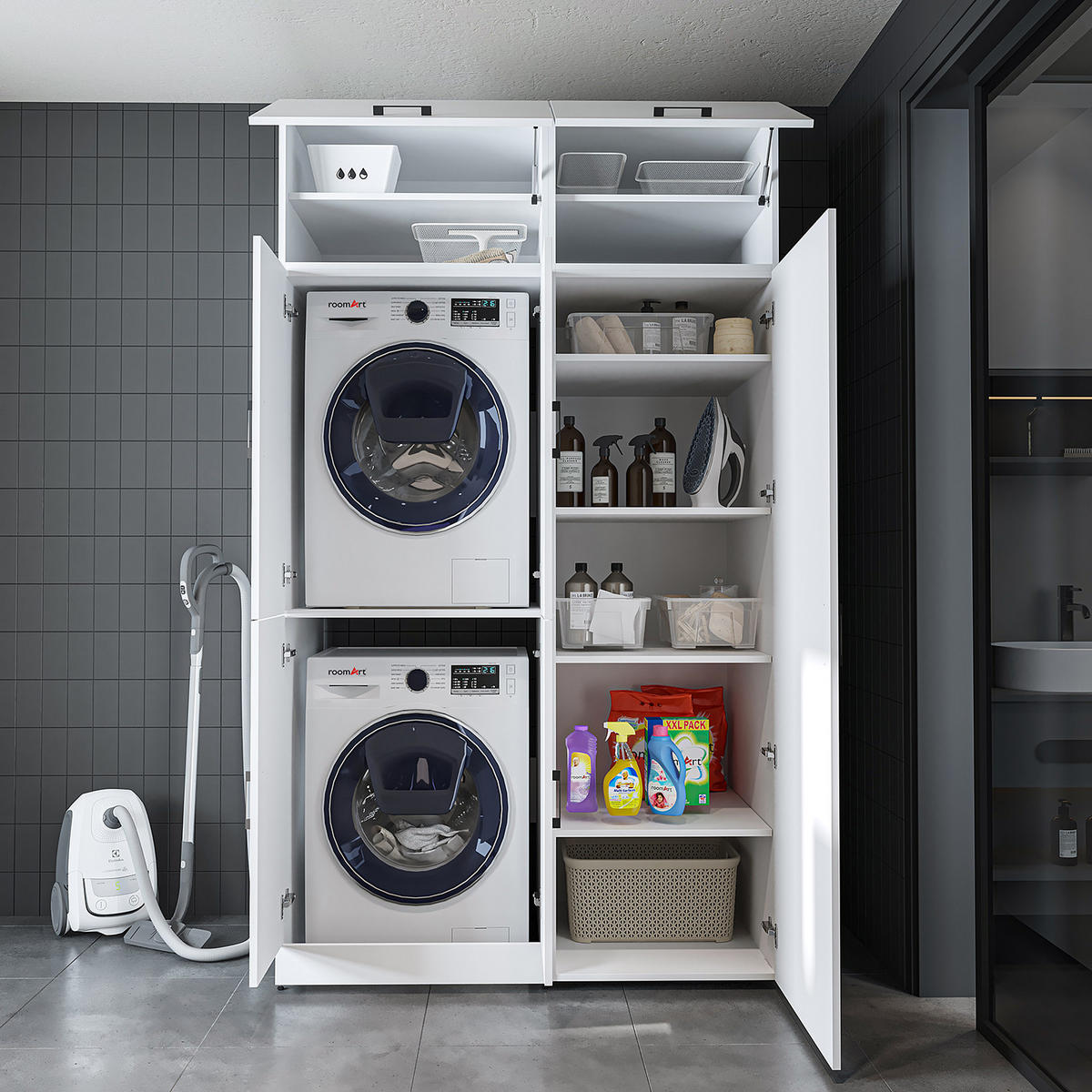 WASCHMASCHINENSCHRANK DORA-II 130cm Breit, 230cm Hoch - Weiß, Holzwerkstoff (130/230/73.8cm)