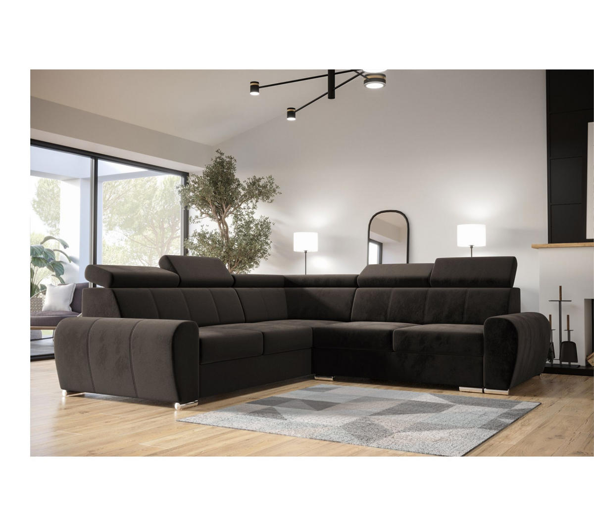 ECKSOFA APOLLO,mit Schlaffunktion und Bettkasten, Farbe: Schwarz, Kunstleder, Ottomane Links - Schwarz, Textil (255/255cm) - O-Sofa