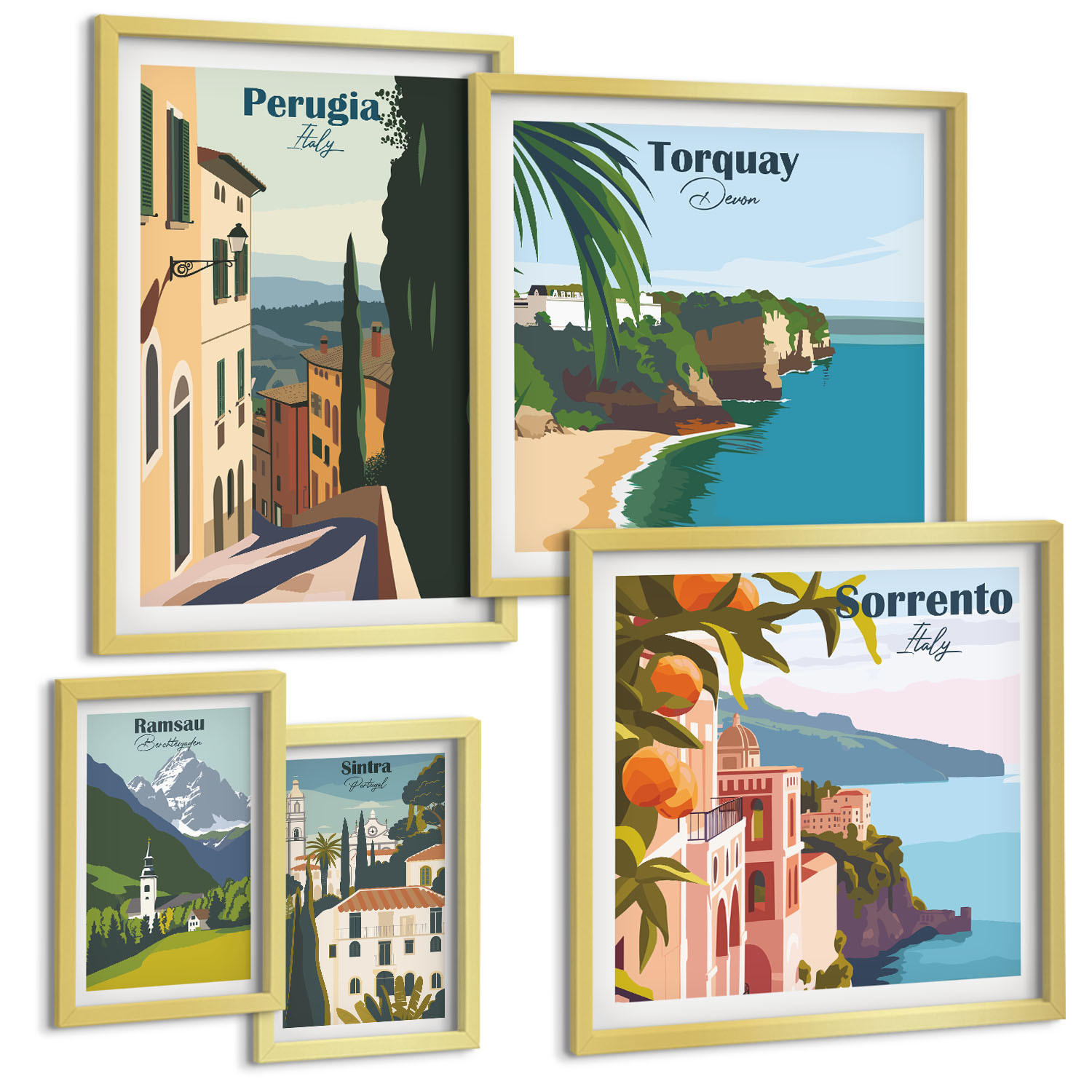 BILDER SET 5er Set - 50x50 cm & 20x30 cm & 40x60 cm Goldrahmen - Ansichten europäischer Häfen - Goldfarben, Kunststoff (40/60cm) - TULUP