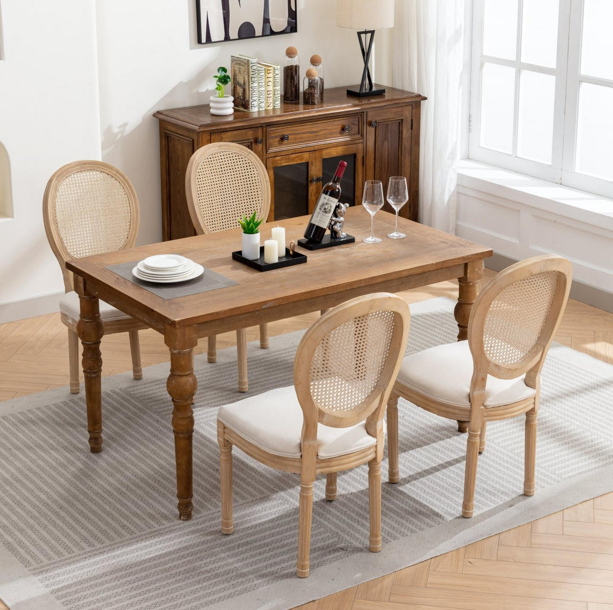 ESSZIMMERSTUHL 2er-Set Französischer Stil Beige Rattan Stoff - Beige, Holz (49/95/59.5cm) - Meubliv