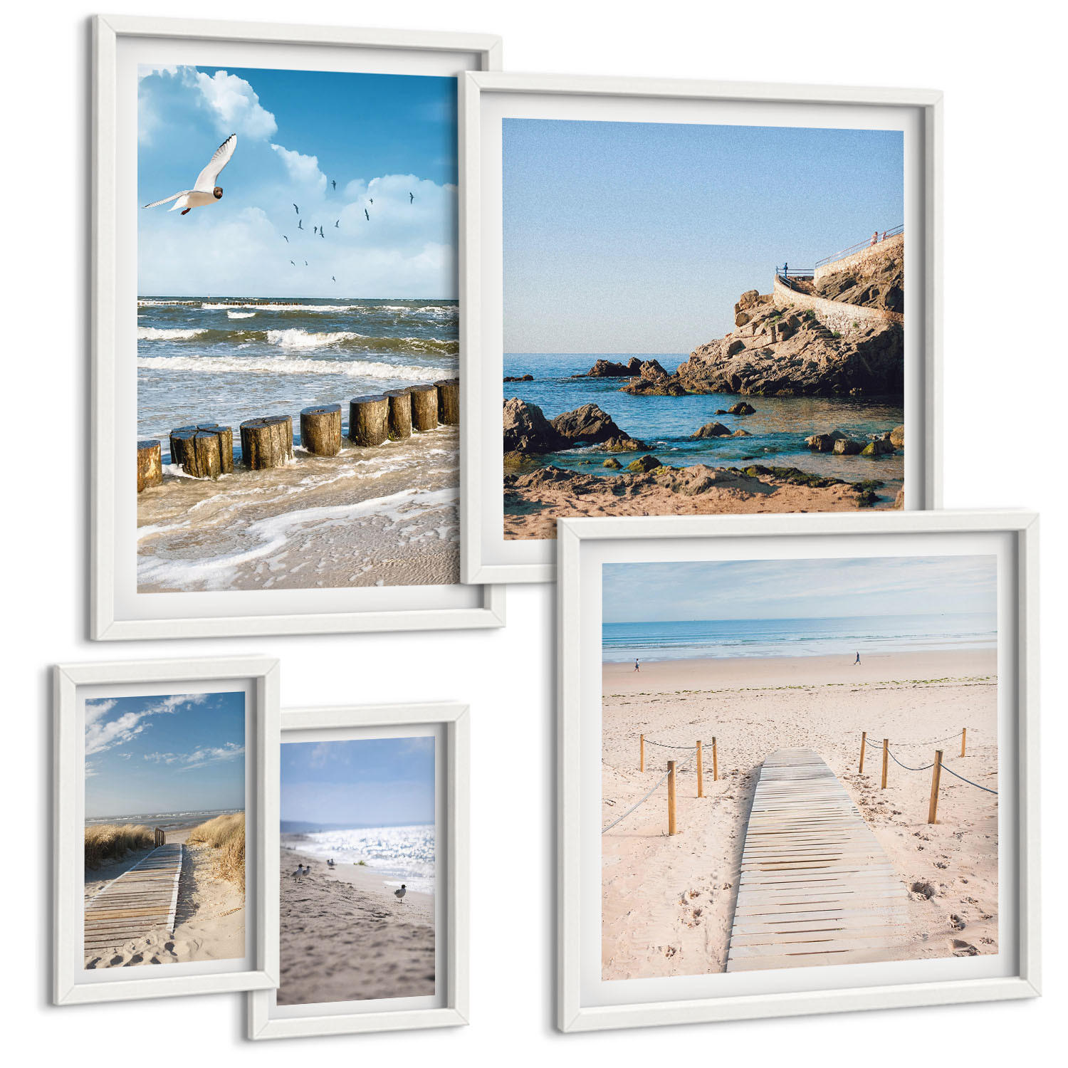 BILDER SET 5er Set - 50x50 cm & 20x30 cm & 40x60 cm Weißer Rahmen - Strand, Sand, Wellen, Himmel, Vögel - Weiß, Kunststoff (40/60cm) - TULUP