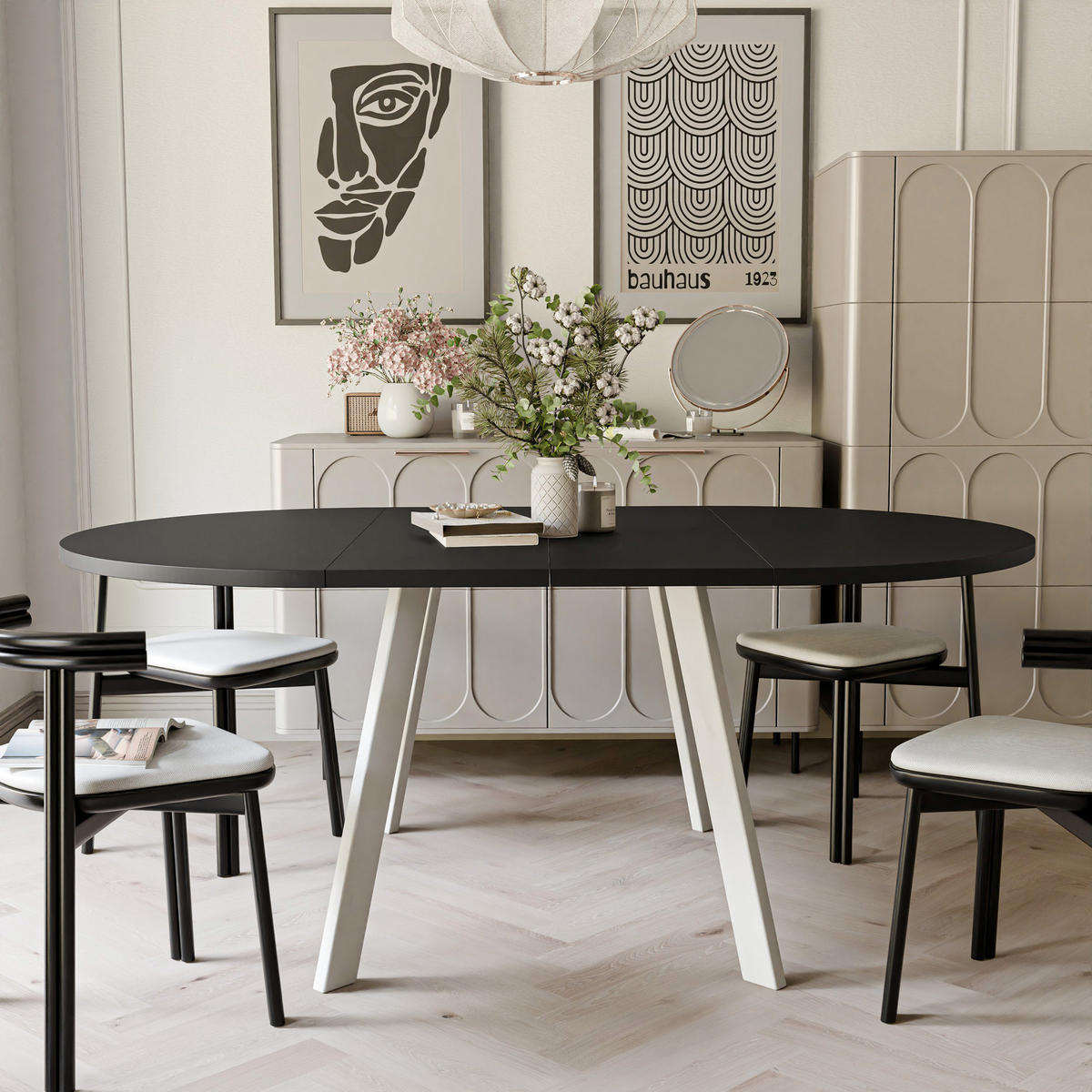 TISCH Weiße Beine, MDF Tischplatte, Molet Schwarz - Schwarz/Weiß, Holzwerkstoff (100/100/76cm) - Idohome