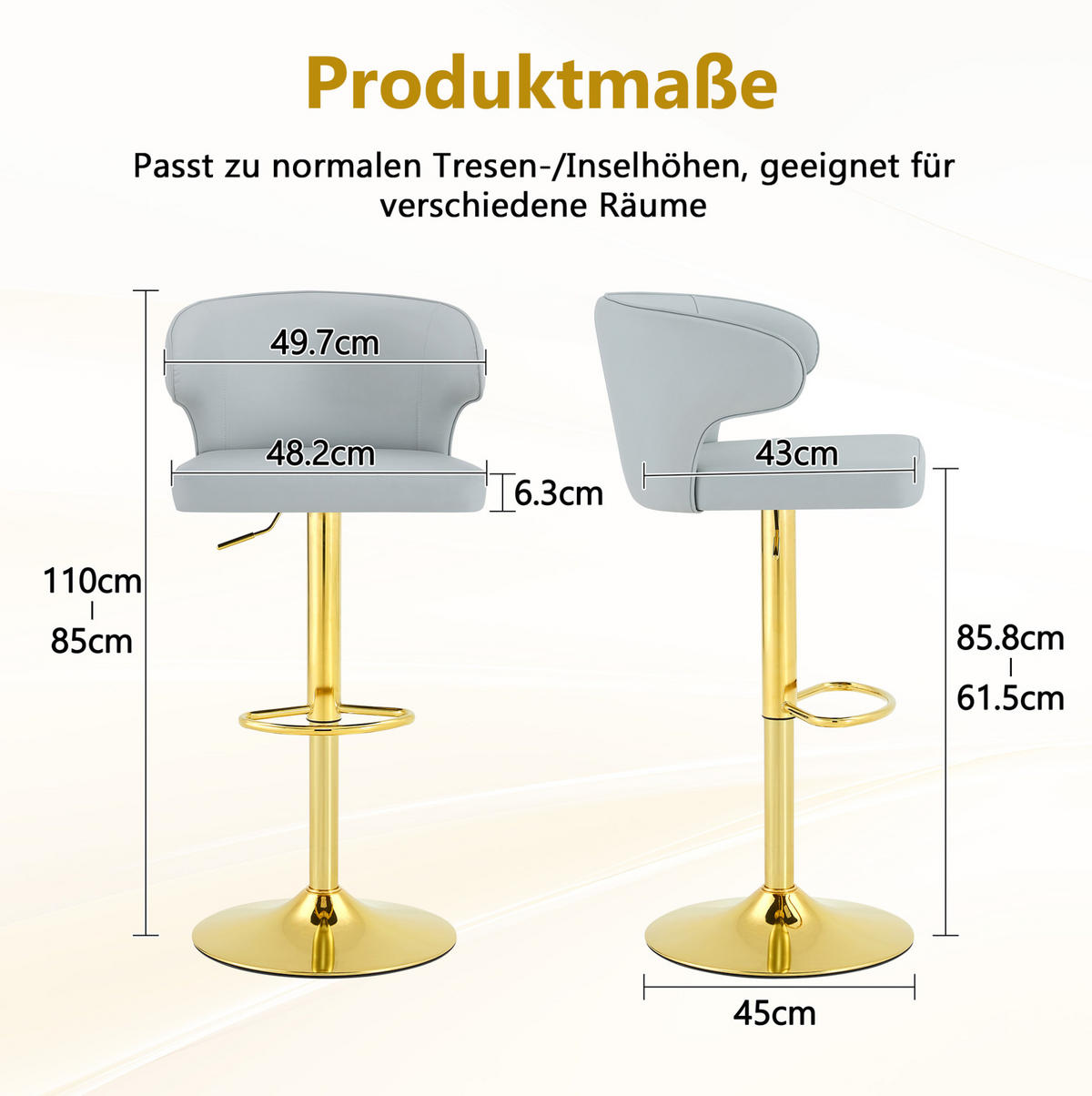 BARHOCKER 2er-Set höhenverstellbar drehbar PU Light Gray - Hellgrau, Metall (45/110/49.7cm) - Meubliv