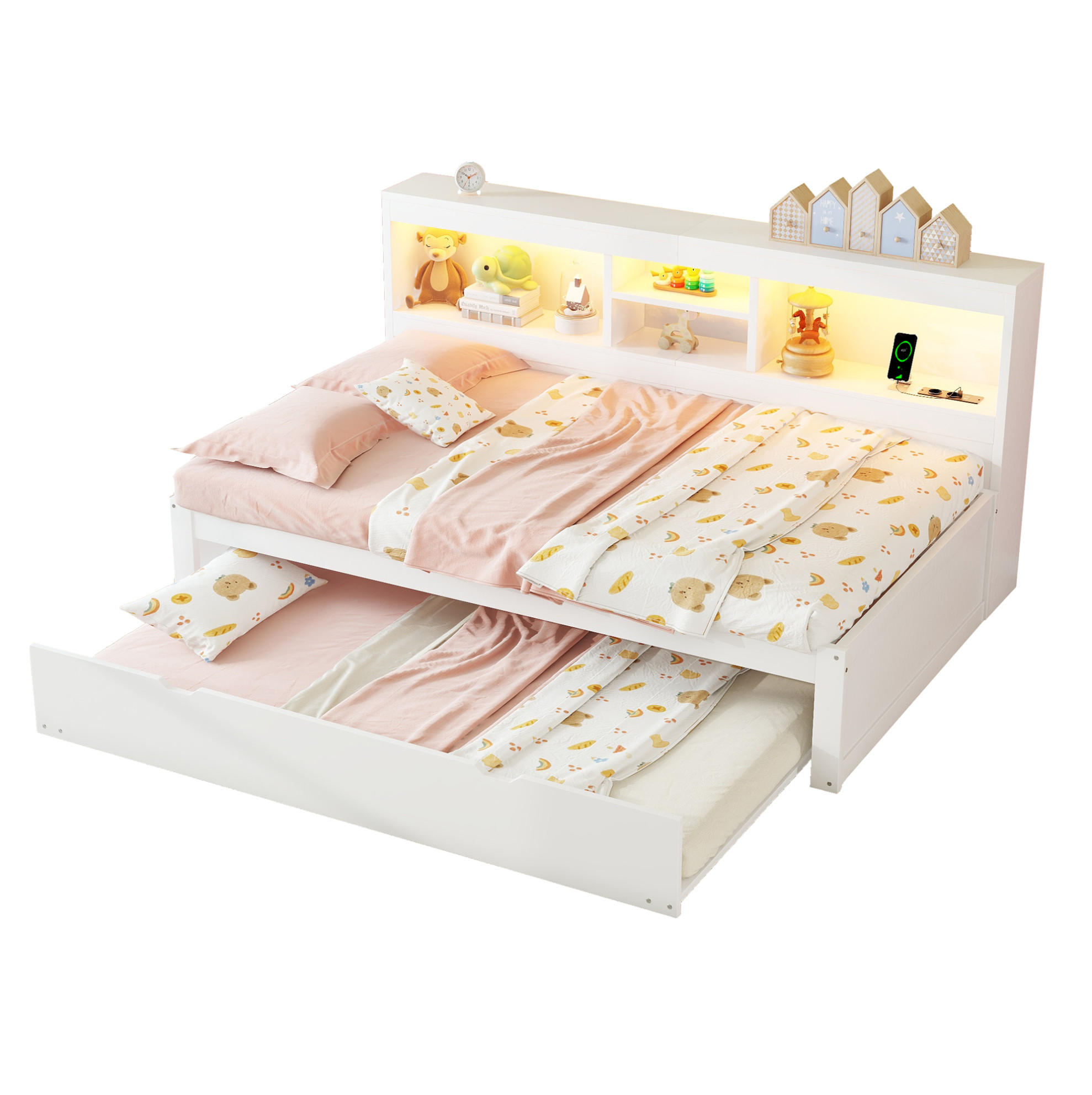 BETT 90/200 cm mit Ausziehbett, LED-Beleuchtung und Stauraum in Weiß - Weiß, Holzwerkstoff (90/200cm) - BEAOK