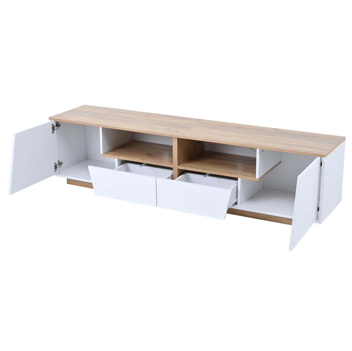 TV-LOWBOARD 180/40/46 cm mit 2 Schubladen, 2 Türen, LED-Beleuchtung und Hochglanzfront aus Spanplatte, Weiß/Naturholz - Weiß, Holzwerkstoff (180/46/40cm) - Redom