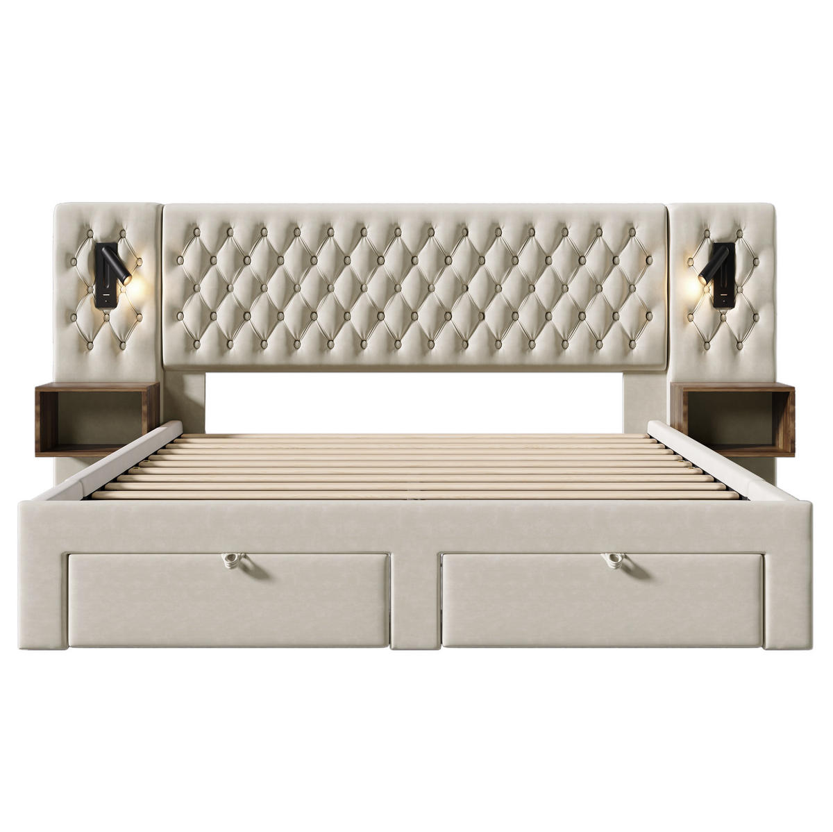 SAMT-POLSTERBETT 160/200 cm in Beige mit Nachttischen, Schubladen und Leselicht - Beige, Textil (160/200cm) - BEAOK