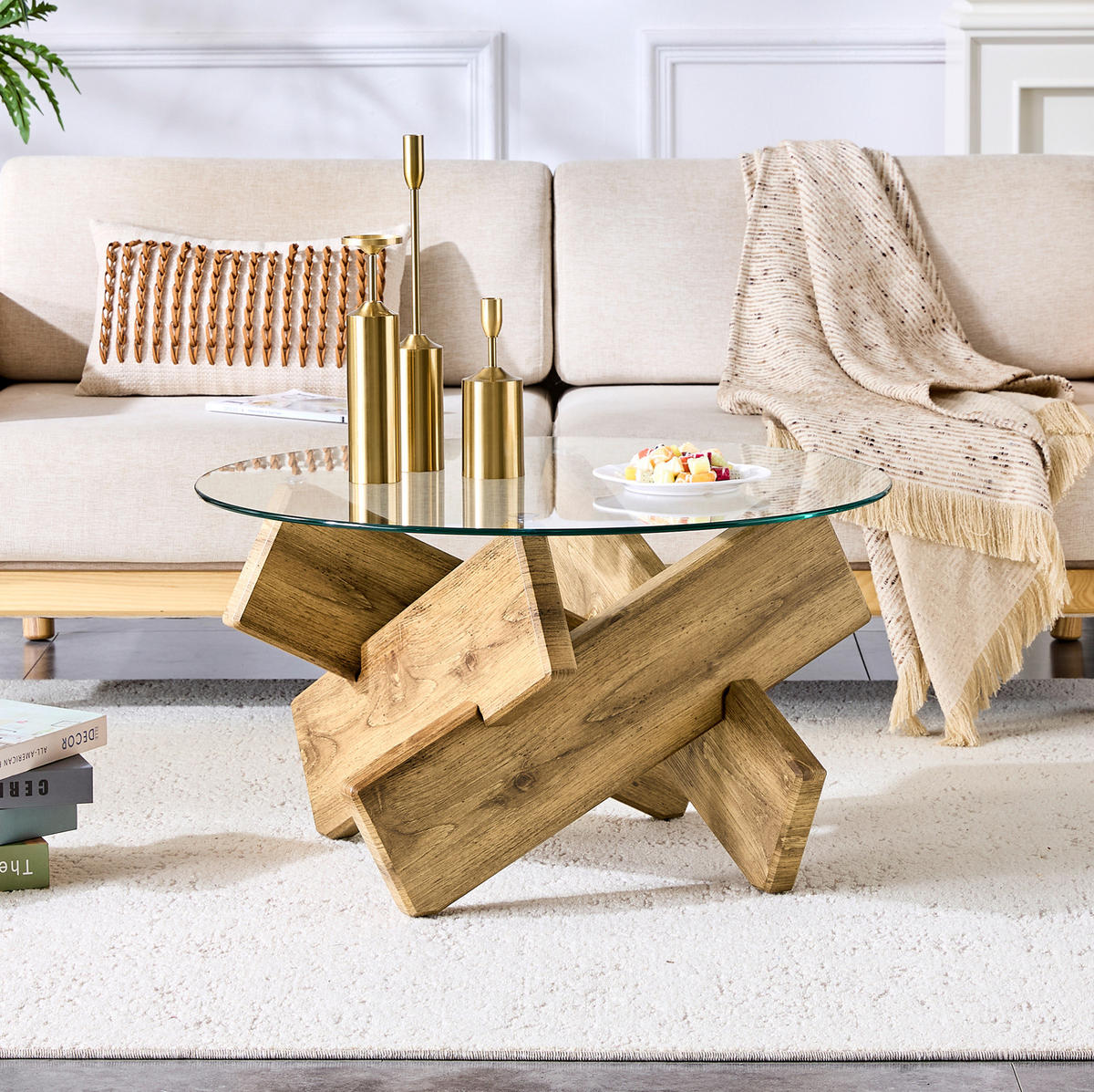 COUCHTISCH, MDF + 0,8 cm Glasplatte, Kreuzgestell, skandinavisch-modern, 79/79/45 cm,Naturfarben - Naturfarben, Holzwerkstoff (79/79/45cm) - Redom