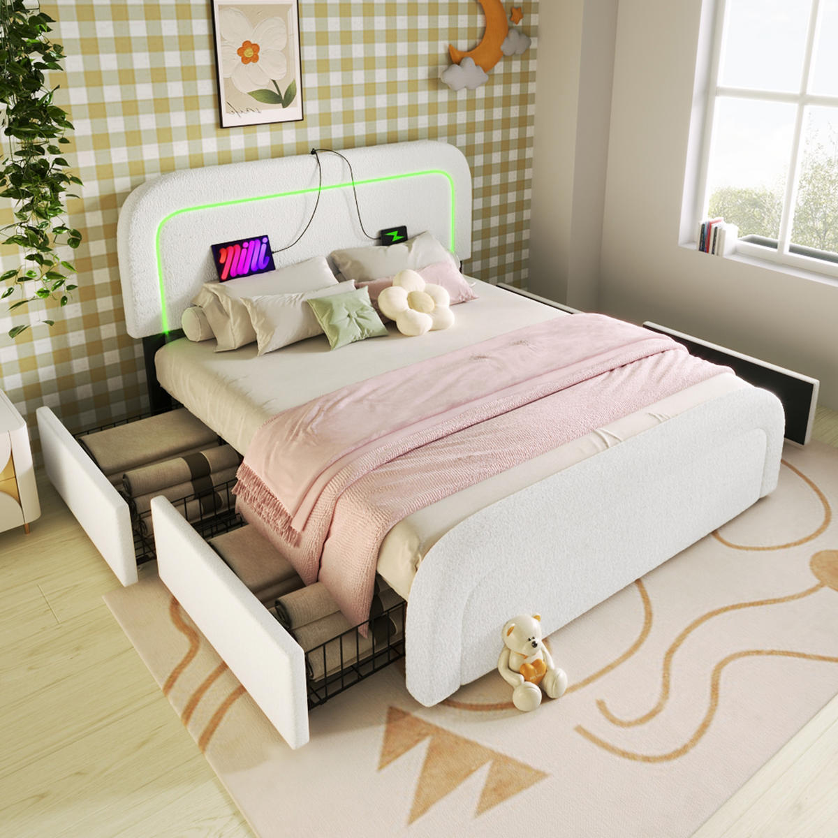 POLSTERBETT 160/200 cm Weiß aus Sherpa mit LED-Beleuchtung und USB- und Type-C-Anschlüssen - Weiß, Textil (160/200cm) - OKWISH