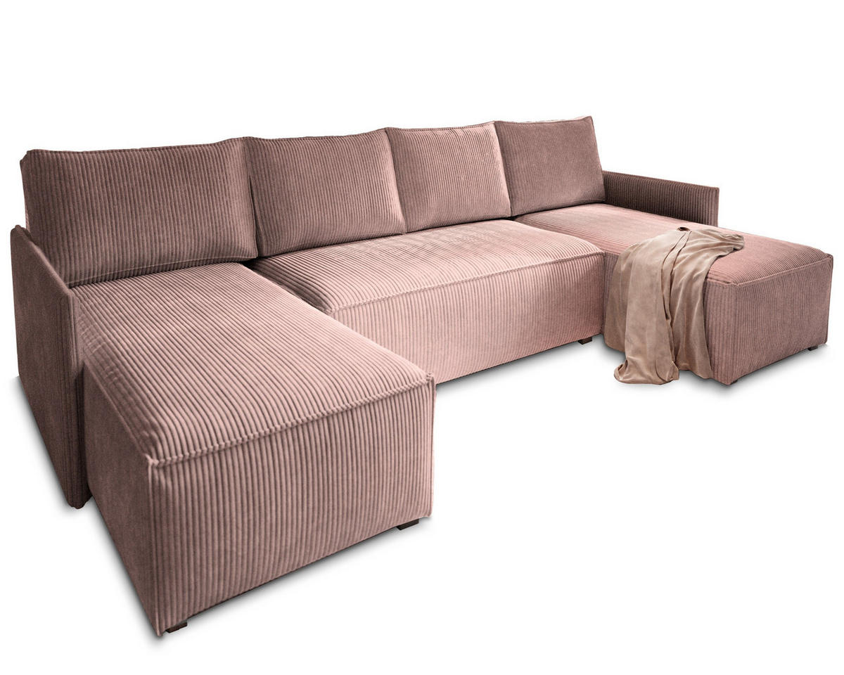 WOHNLANDSCHAFT TRES Lila Kordstoff mit Schlaffunktion - Lila, Holz (271/85/140cm) - MASSENO