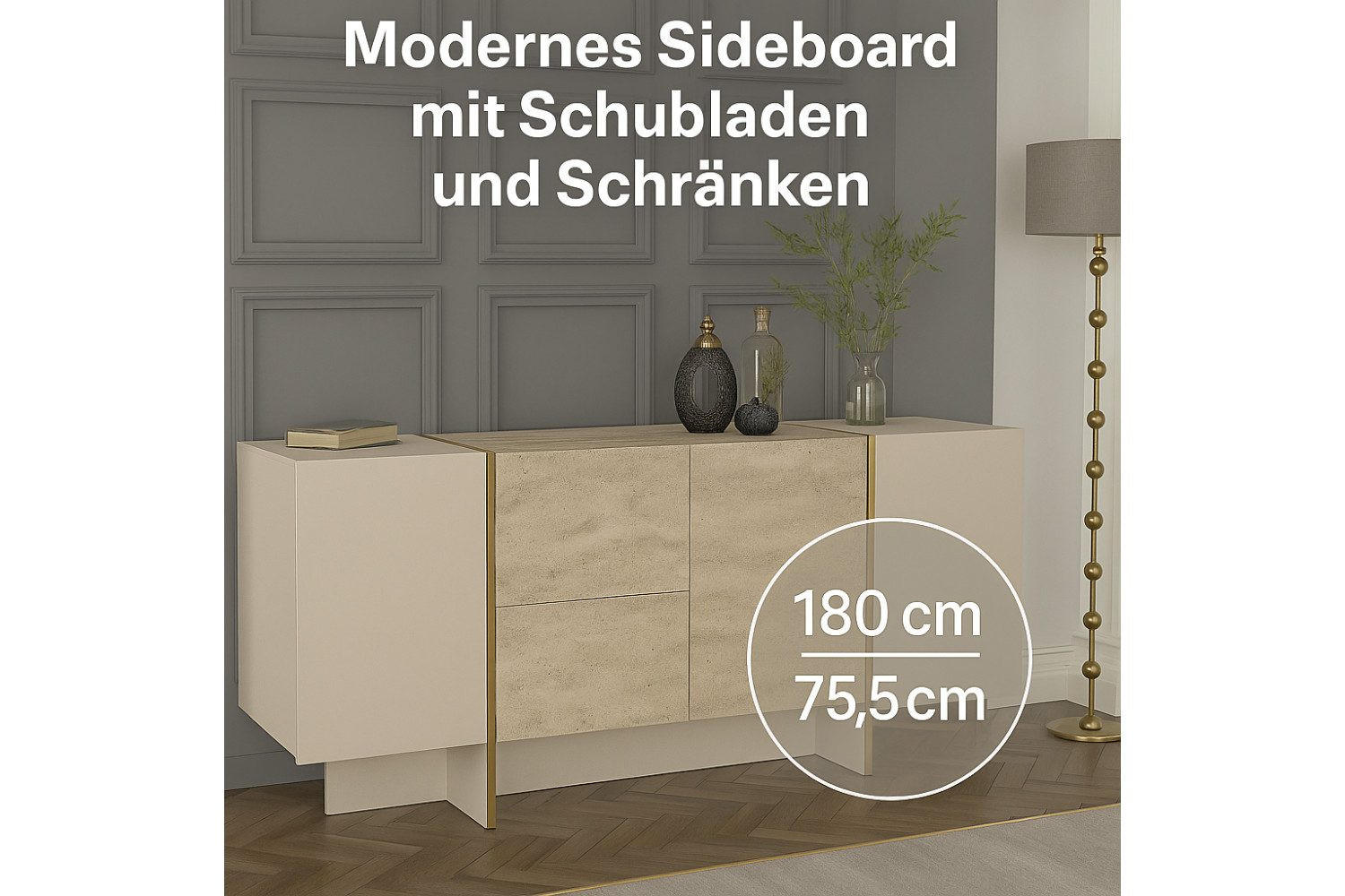 Thumbnail - Ibonto Sideboard, Beige, Holzwerkstoff, 180x75x46 cm, Wohnzimmer, Kommoden & Sideboards, Sideboards