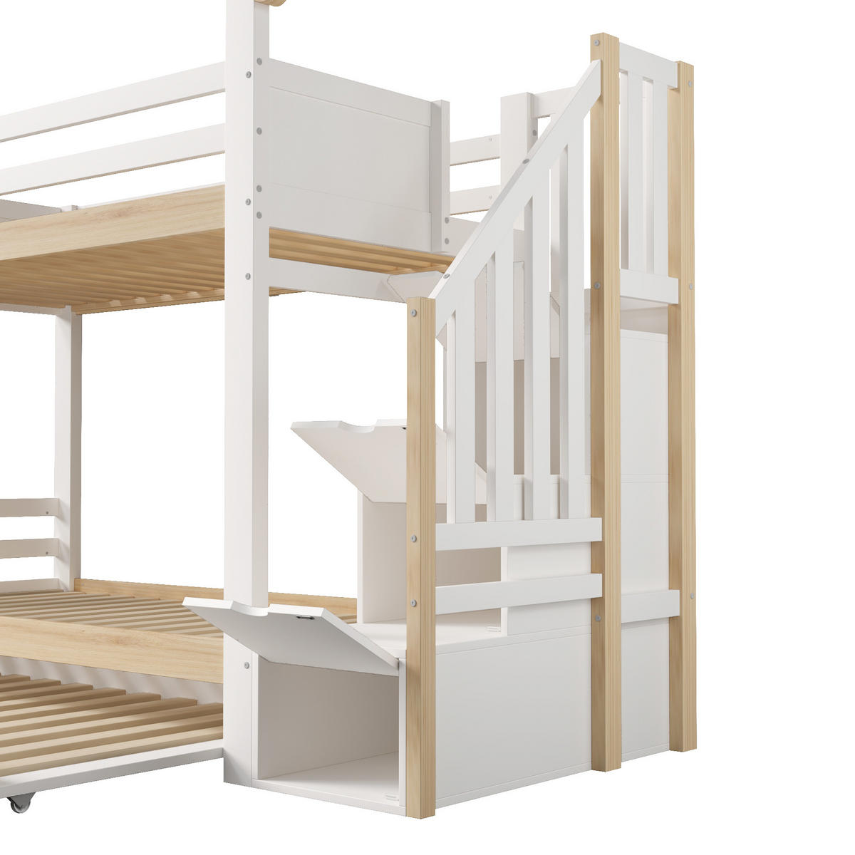 ETAGENBETT 90/200 mit Ausziehbett und Stauraumleiter in Weiß und Natur - Weiß/Naturfarben, Holz/Holzwerkstoff (90/200cm) - EVRYAE