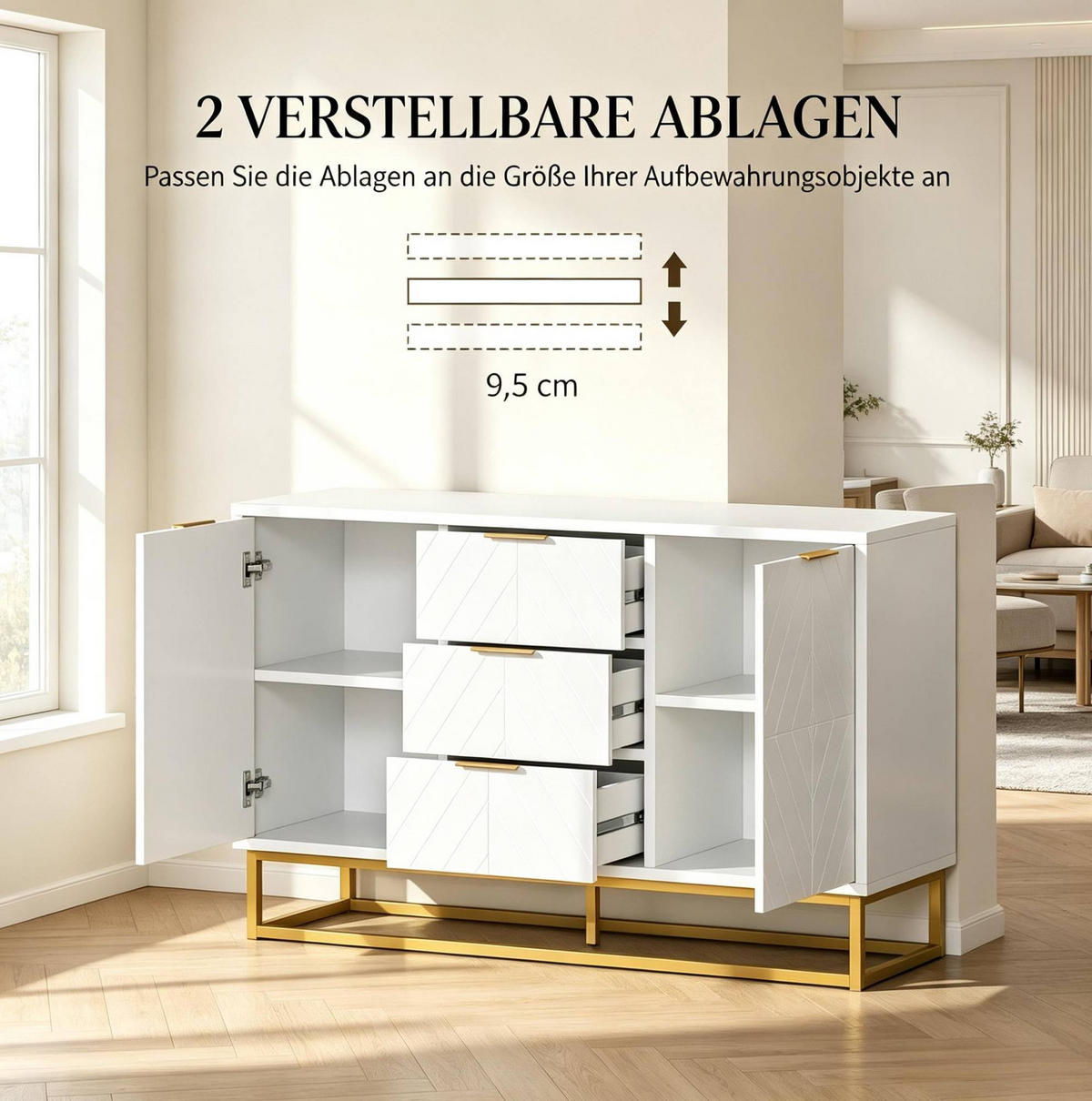 SIDEBOARD in Weiß und Gold 120x40x76 cm mit 2 Türen und 3 Schubladen - Weiß, Holzwerkstoff (40/76/120cm) - IVMEU