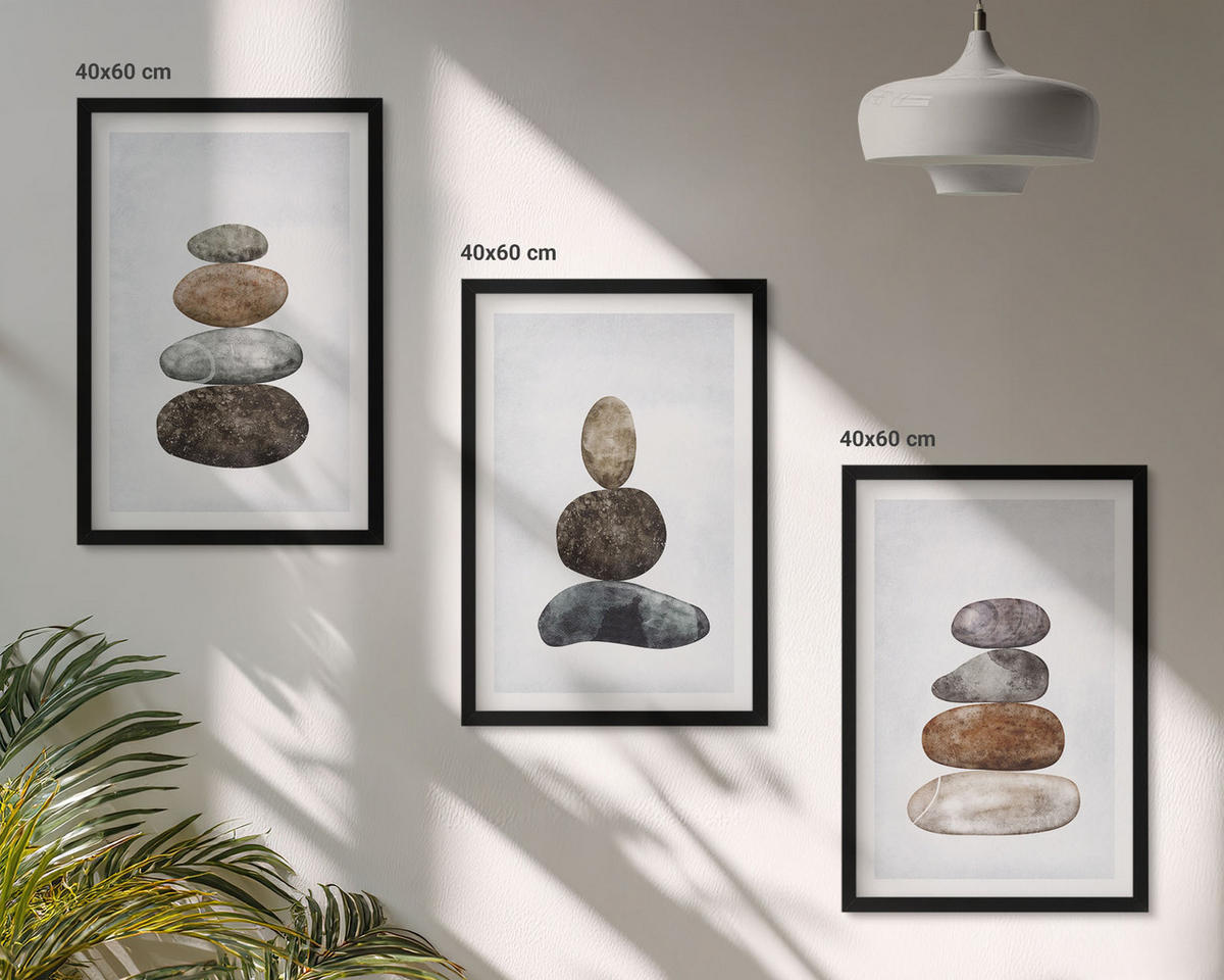 BILDER SET 3er Set - 40x60 cm Schwarzer Rahmen - Minimalistische Boho-Steine - Schwarz, Kunststoff (40/60cm) - TULUP
