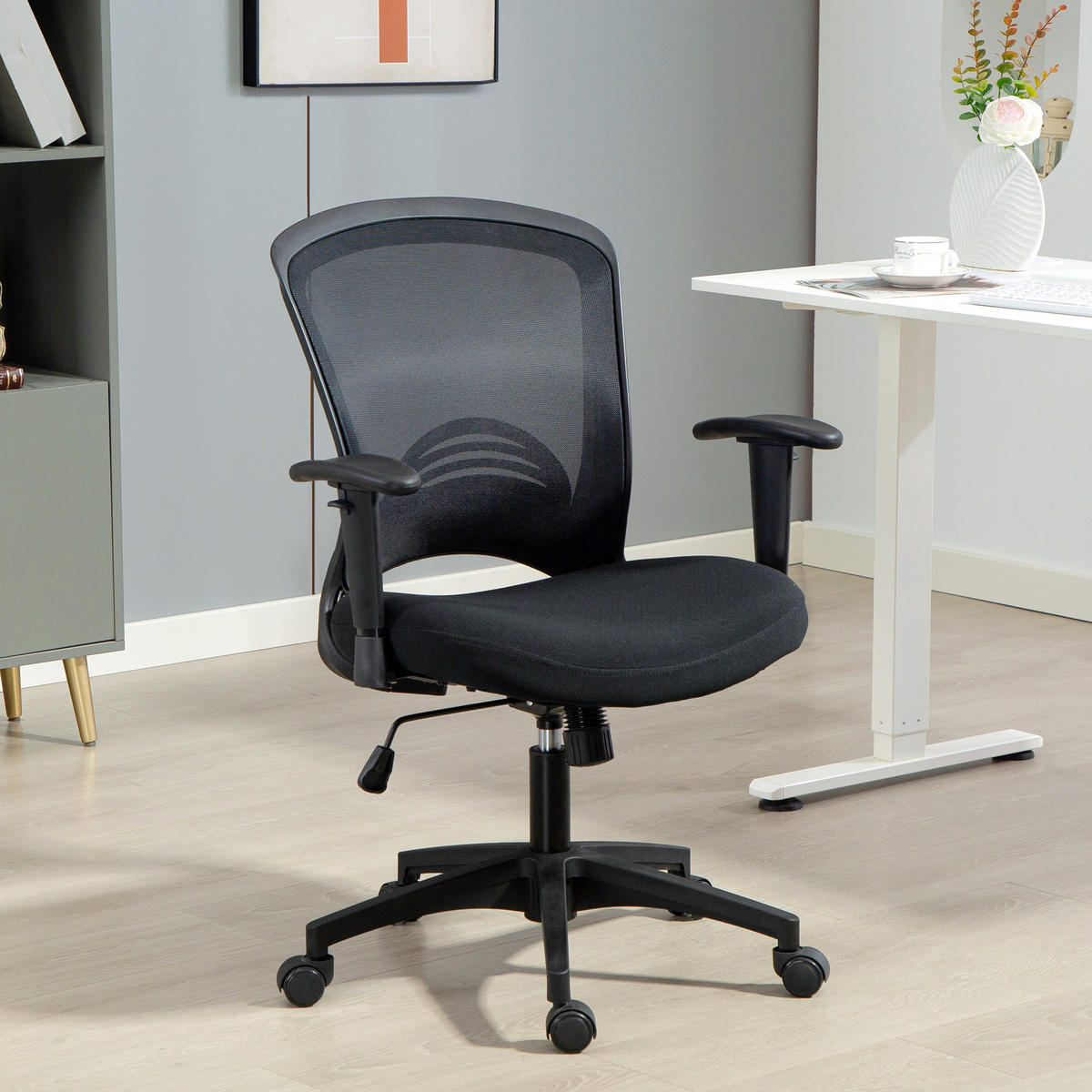 NETZ-BÜROSTUHL Verstellbarer Schreibtischstuhl mit Netzstoff-Rückenlehne Schwarz - Schwarz, Textil (59/102.5/65cm) - HOMCOM