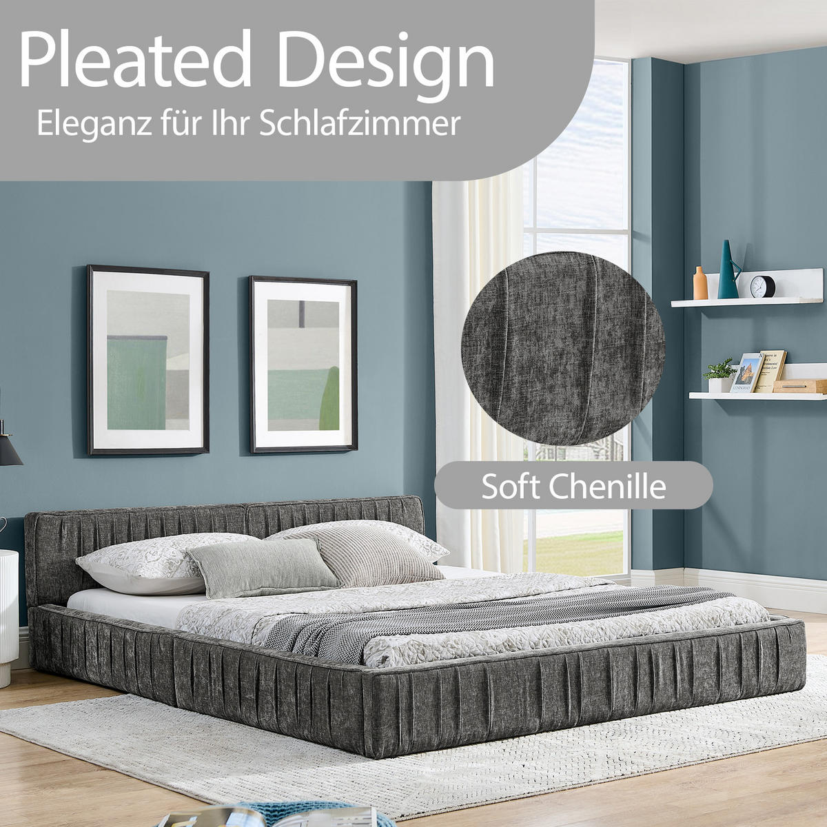 POLSTERBETT 160x200 cm Chenille Holzrahmen grau - Dunkelgrau, Kunststoff (160/200cm) - LEBENLANG