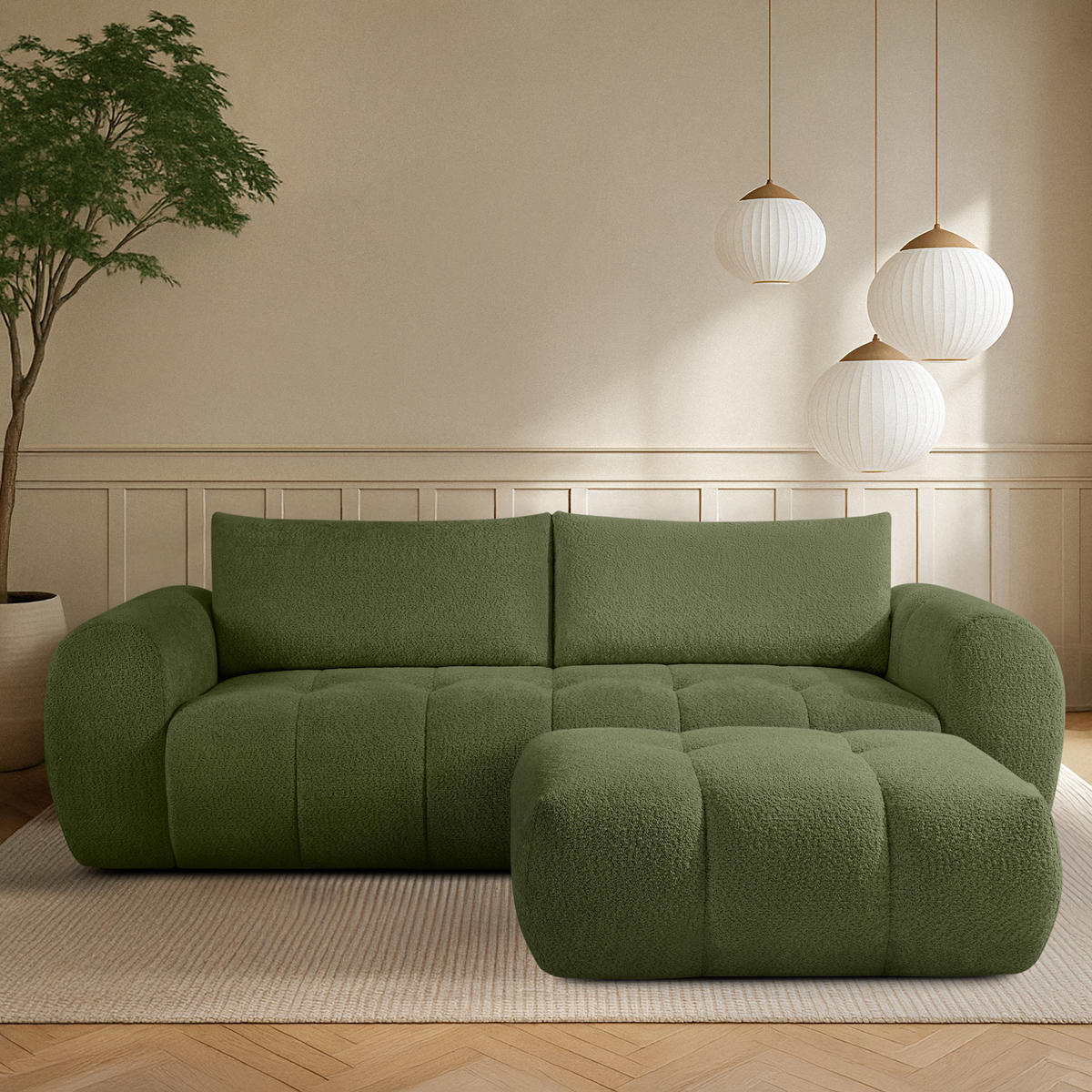 SOFA LIRA mit Pouf, Olivgrün, Bouclé - Olivgrün, Holz/Holzwerkstoff (96/43/50cm) - KONSIMO®