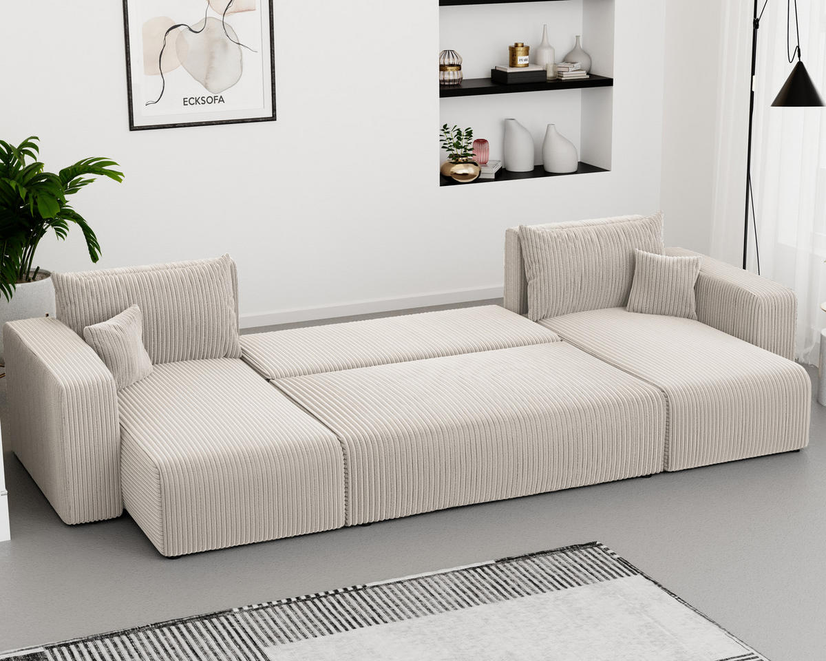 WOHNLANDSHAFT U-Form mit Schlaffunktion und Bettkasten, Beige - Beige, Holzwerkstoff/Textil (318/79/145cm) - Idohome