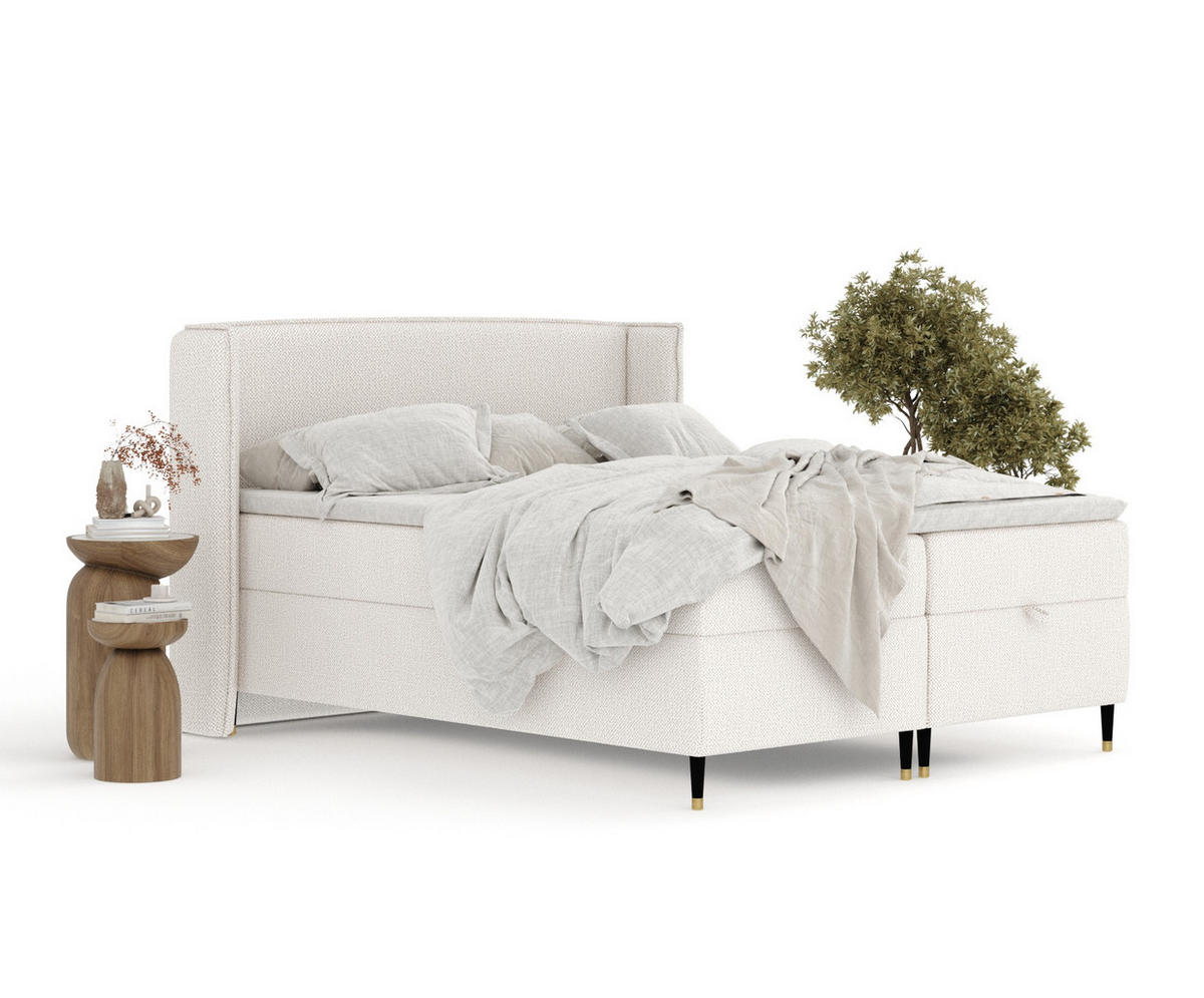 BOXBETT Monpelli Creme 180/200 cm mit Matratze und Topper - Creme/Schwarz, Holz/Holzwerkstoff (180/200cm) - Maison de Reve