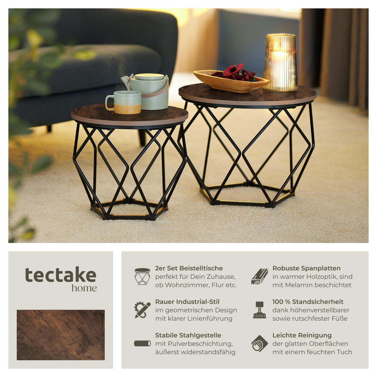 COUCHTISCH 2er Set Benham, mit höhenverstellbaren Kunststofffüßen, Industrial Holz dunkel, rustikal - Rostfarben, Holzwerkstoff (50/50/40cm) - tectake