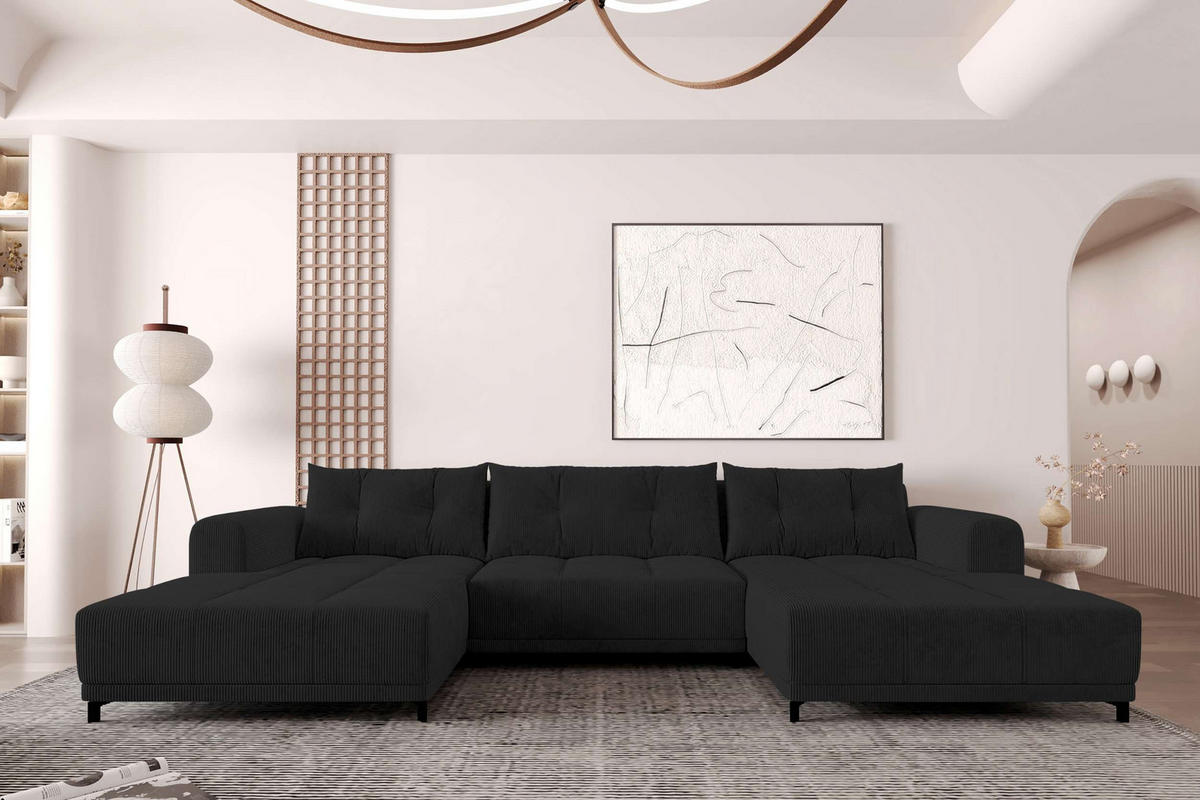 WOHNLANDSCHAFT Massimo Cordstoff Schwarz inkl. Schlaffunktion - Schwarz, Textil/Metall (356/94/181cm) - 99rooms
