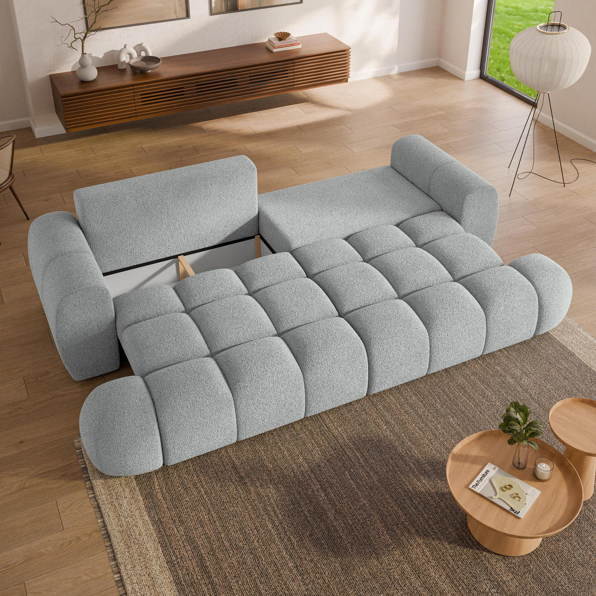 BETTSOFA DAFNE Hellgrau Bucle-Stoff mit Schlaffunktion - Hellgrau, Textil (300/88/113cm) - MASSENO