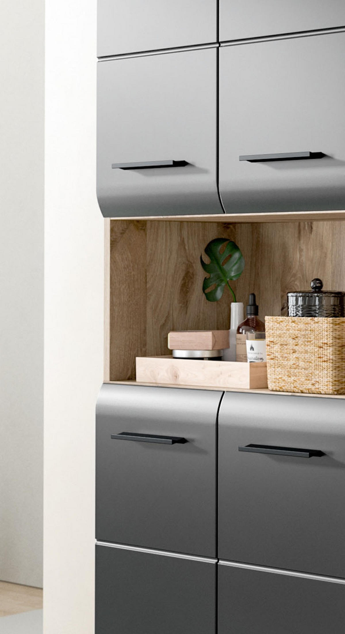 HOCHSCHRANK Badschrank Set Schwarz matt, Eiche 2x Mehrzweckschrank, 12-türig gesamt 180 x 185 cm - Eichefarben/Schwarz, Holzwerkstoff/Kunststoff (180/185/30cm) - Inn.Furn