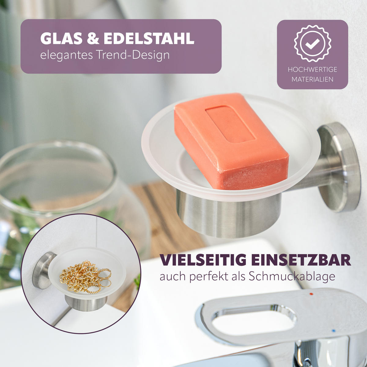 SEIFENSCHALE PIAZZA Edelstahl, inkl. Klebeset - Edelstahlfarben, Metall (13/11/6.5cm) - bremermann