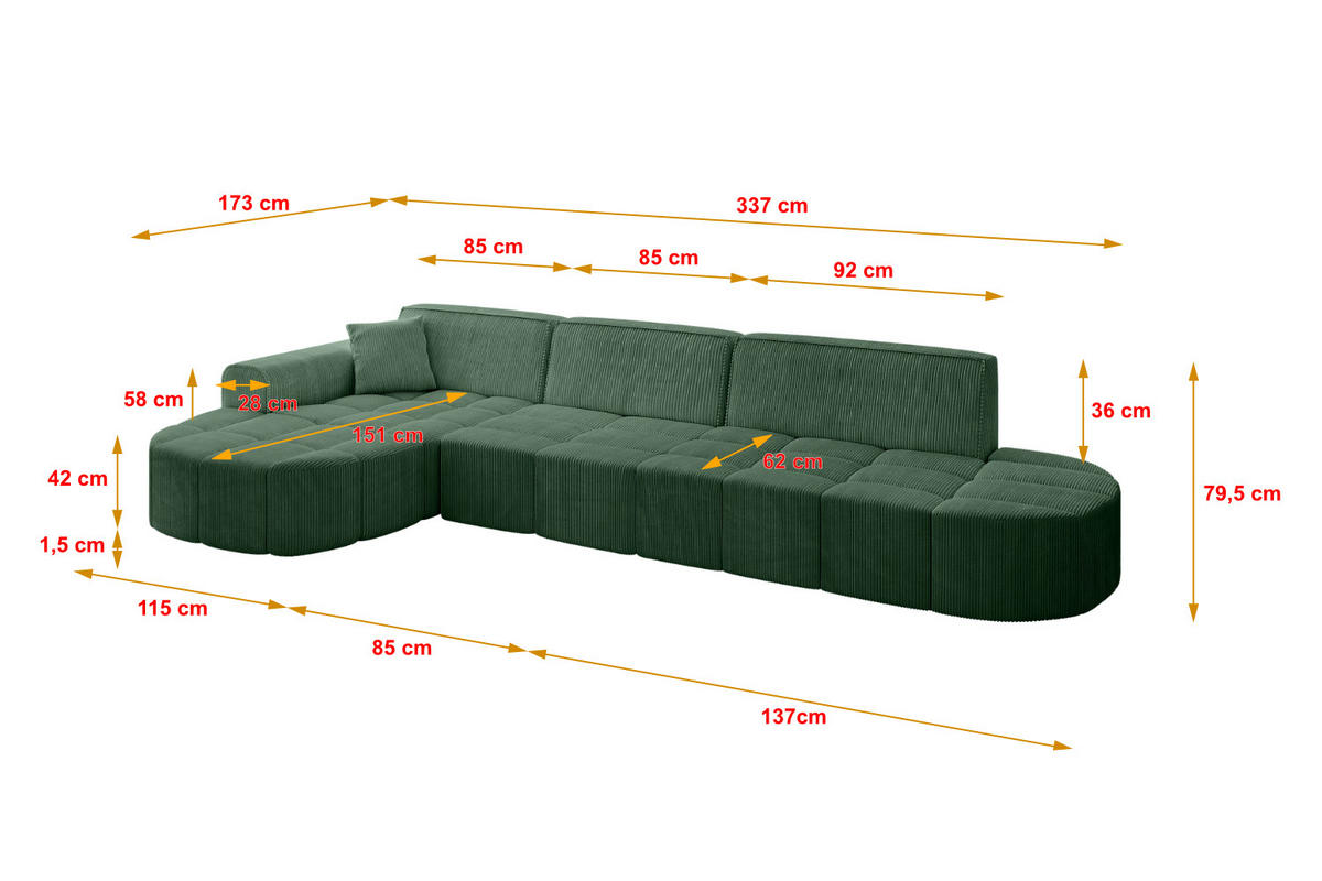 ECKSOFA Ottomane Links LIVO-L2 - 337x173x79,5 cm Grün - Grün, Holzwerkstoff/Textil (337/173cm) - ALTDECOR
