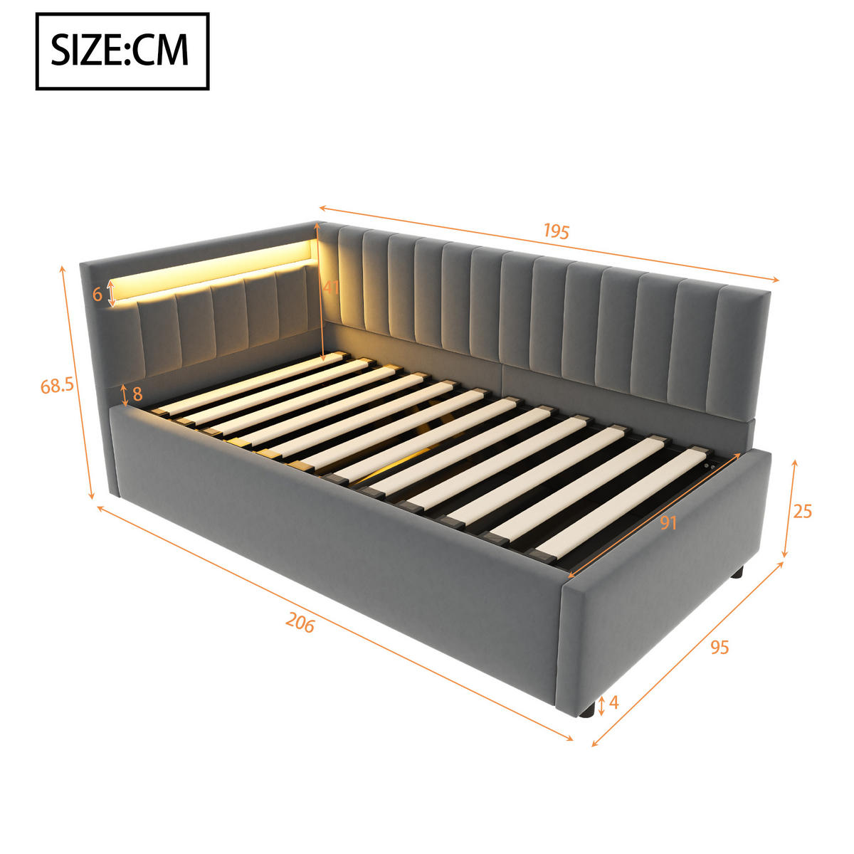 POLSTERBETT 90/200 cm grau aus Samtstoff mit LED und Stauraum - Grau, Textil (90/200cm) - OKWISH