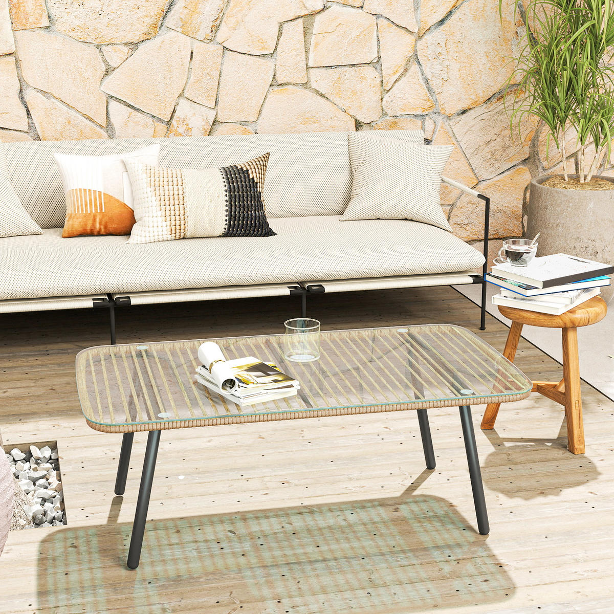GARTENBEISTELLTISCH DE-13632 rechteckig mit Glasplatte, Holzoptik Natur - Naturfarben, Metall (110/60/40cm) - ComfortXL