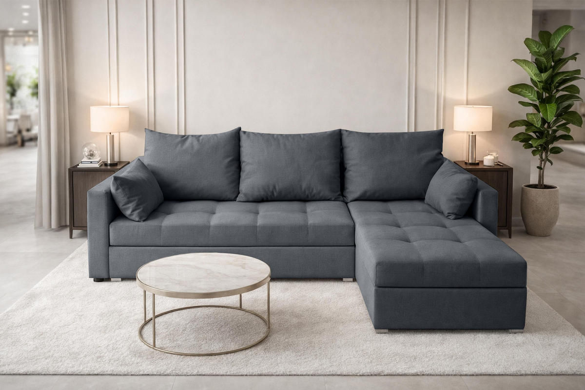 ECKSOFA Universelle L Form Elif Dunkelgrau 220/140/85 cm stilvolle mit Schlaffunktion - Dunkelgrau/Silberfarben, Kunststoff/Textil (220/140cm) - AX Living