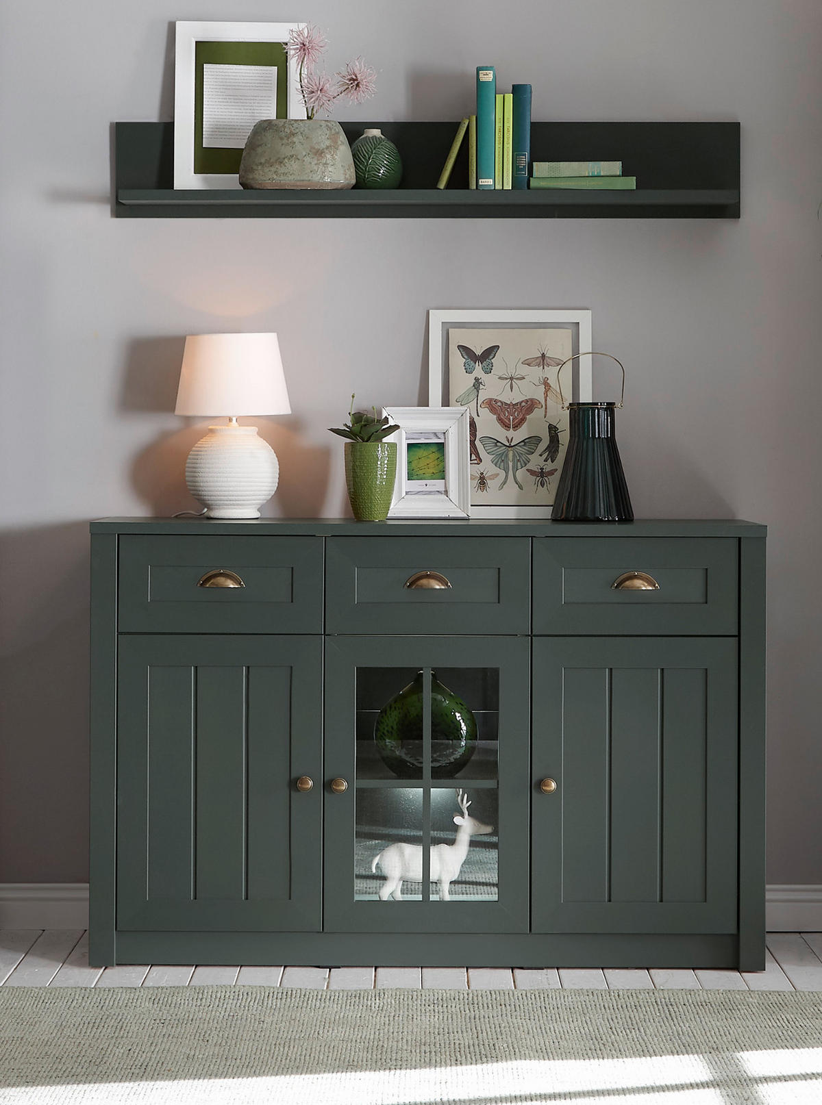 SIDEBOARD grün Landhaus 130 x 86 cm, Kommode mit viel Stauaum - Chromfarben/Schwarz, Glas/Holzwerkstoff (130/86/43cm) - Furn.Design