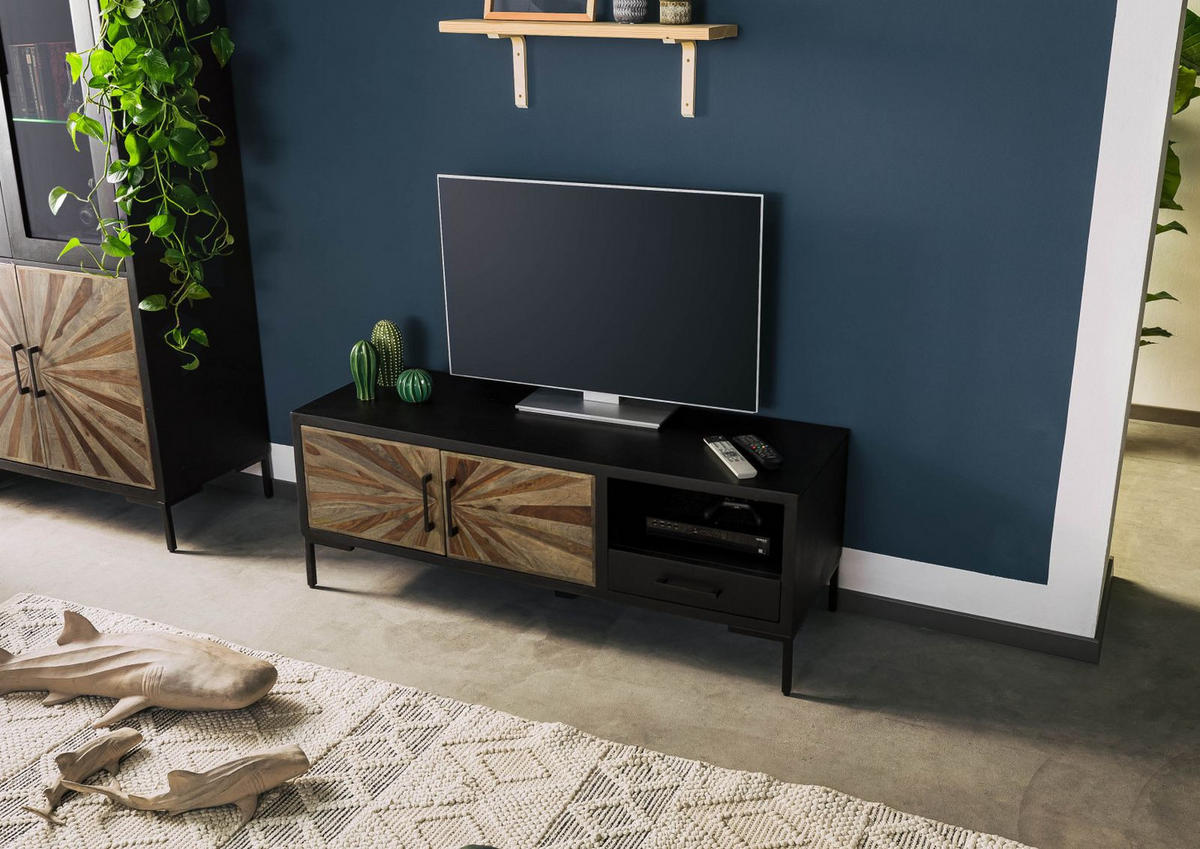 TV-BOARD Sheesham 136x45x50 schwarz lackiert SUN #105 - Schwarz, Holz (136/50/45cm) - Massivmoebel24