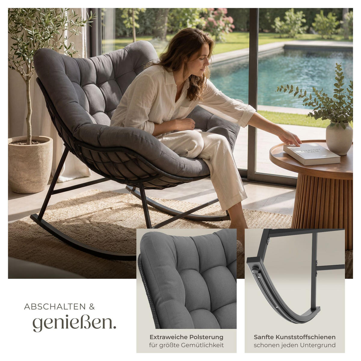 SCHAUKELSTUHL Tami, 93 x 99,5 x 89 cm, anthrazit - Anthrazit, Kunststoff (93/89/99.5cm) - tectake