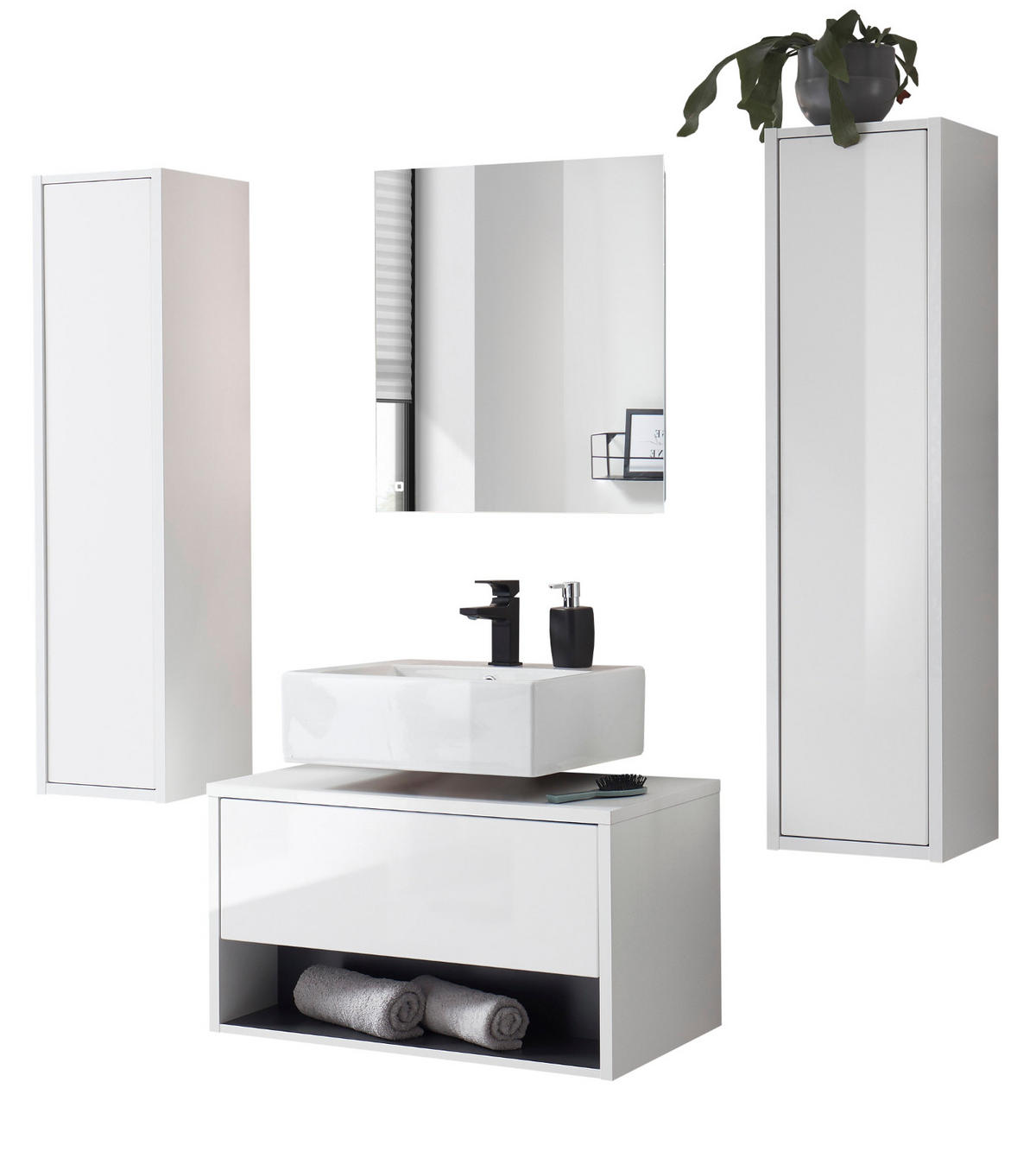 BADMÖBEL-SET 4-teilig weiß Hochglanz, grau, Badezimmerschränke mit LED Beleuchtung 160 cm - Weiß Hochglanz/Grau, Glas/Holzwerkstoff (160/190/46cm) - Furn.Design
