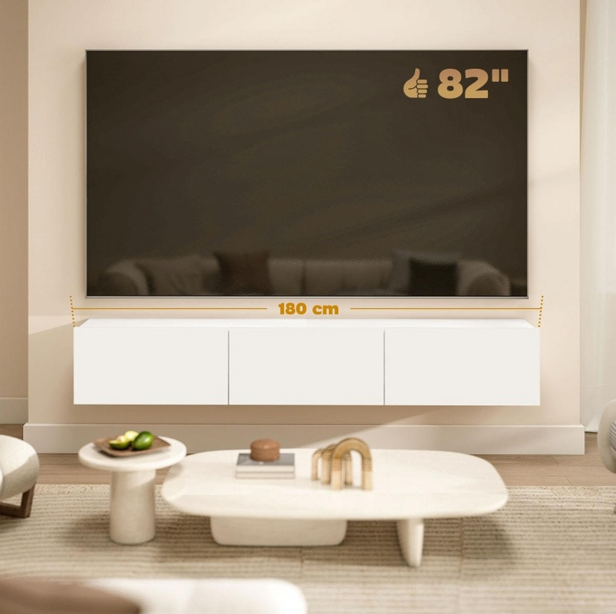 TV-LOWBOARD aus Spanplatte 180x31x30 cm Weiß zur Wandmontage mit 3 Klappfächern und Soft-Close - Weiß, Holzwerkstoff (180/29.8/31.5cm) - IVMEU
