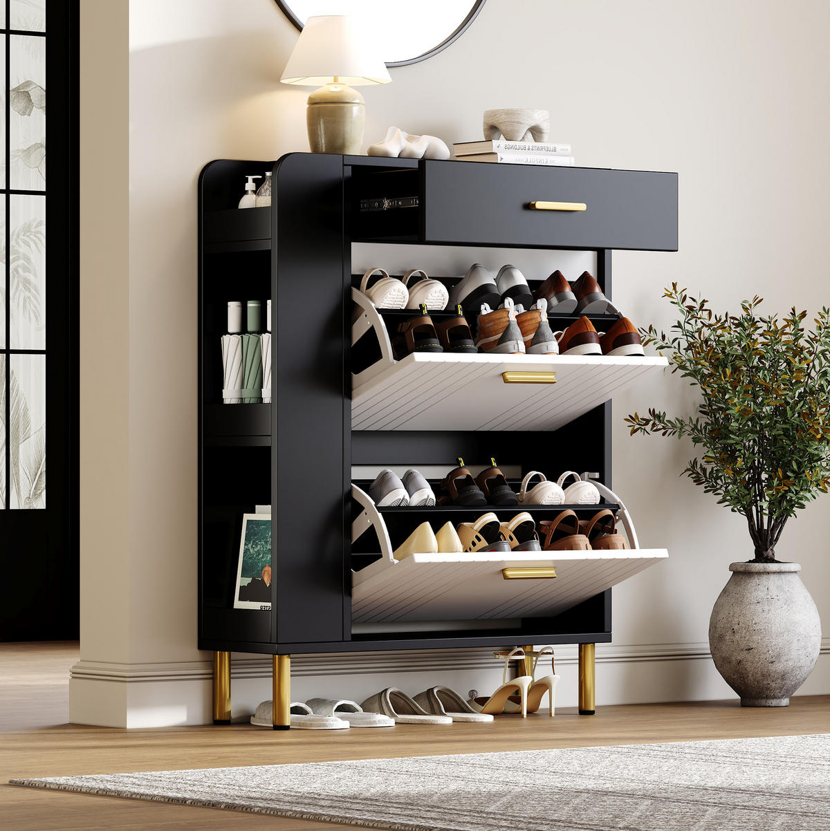 SCHUHSCHRANK aus MDF & Spanplatte 80x24x105cm in Schwarz mit 2 Klappen - Schwarz, Holzwerkstoff (80/105/24cm) - Modfu