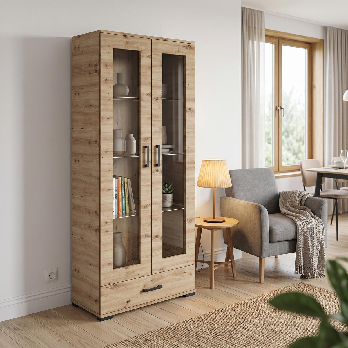 VITRINENSCHRANK ALBANO 186 x 80 cm Eiche Artisan - Eiche Artisan, Holzwerkstoff (80/186/40cm) - MASSENO