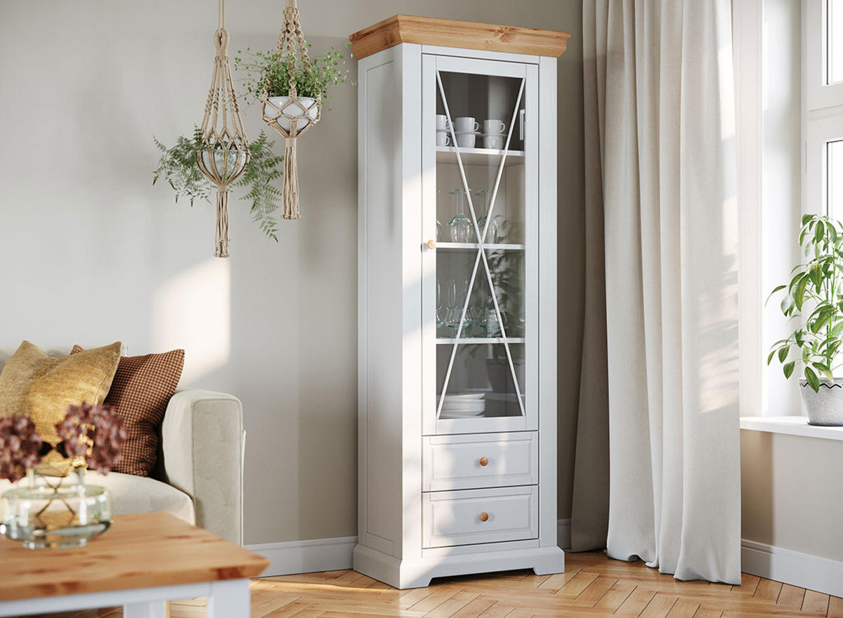 STANDVITRINE Marone Elite Weiß / Kiefer Natur 70 / 41 / 200cm - Weiß/Kieferfarben, Holz (70/200/41cm) - Feldmann-Wohnen