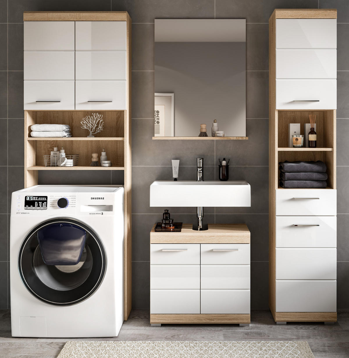 BADMÖBEL-SET weiß Hochglanz, Eiche 4-teilig 190 cm, Komplettset mit viel Stauraum - Weiß Hochglanz/Eichefarben, Glas/Holzwerkstoff (190/191/34cm) - Inn.Furn