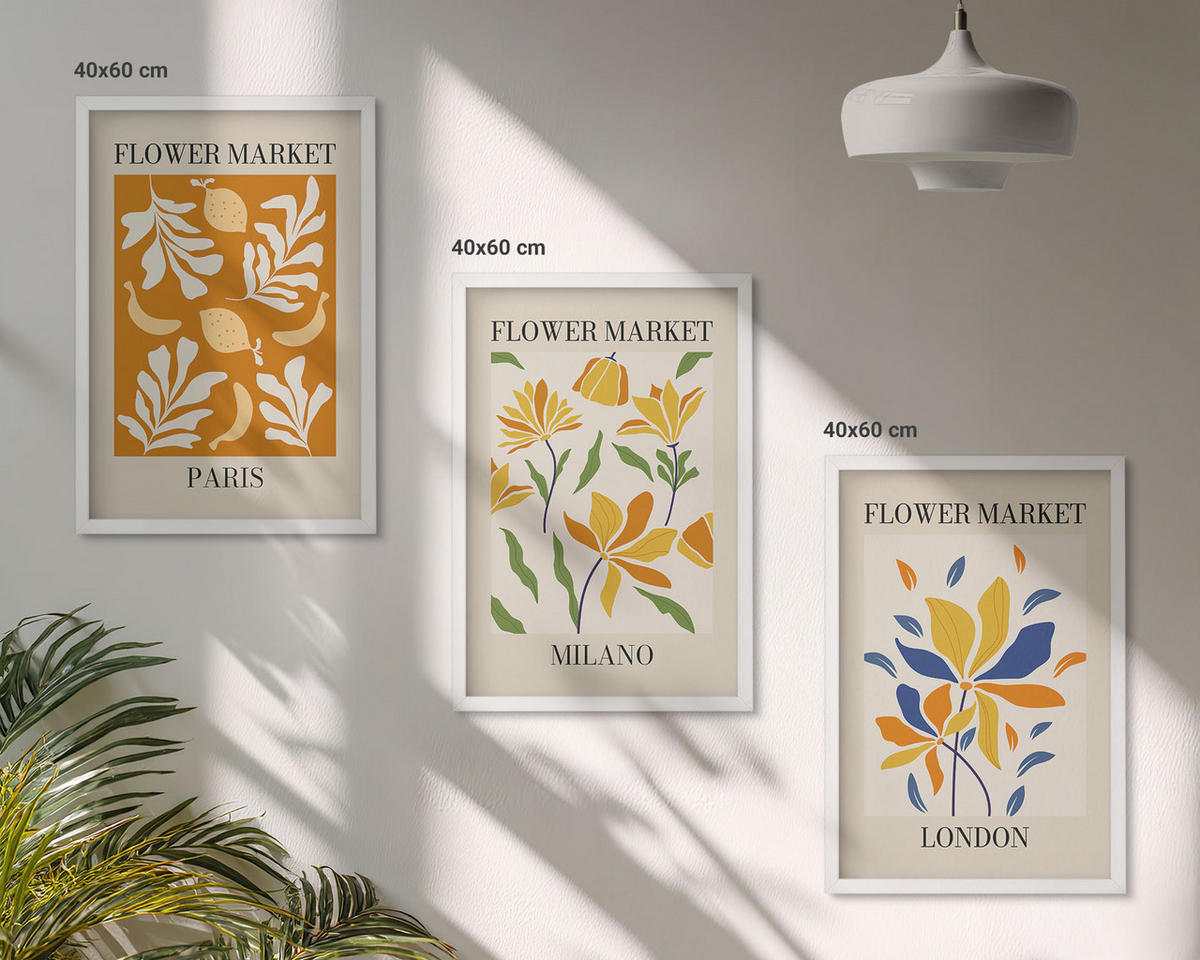 BILDER SET 3er Set - 40x60 cm Weißer Rahmen - Blumenposter Paris Mailand London - Weiß, Kunststoff (40/60cm) - TULUP