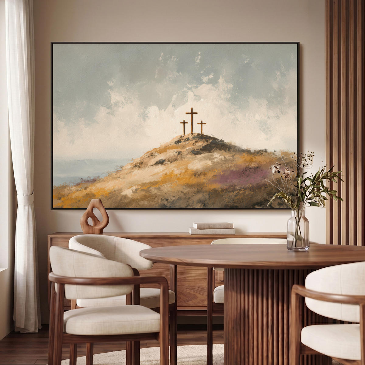 LEINWAND Bilder mit Rahmen - Hügel - Abstrakt - Christentum - Kreuz - 120x80 - Hellgrau, Textil (120/80cm) - MuchoWow